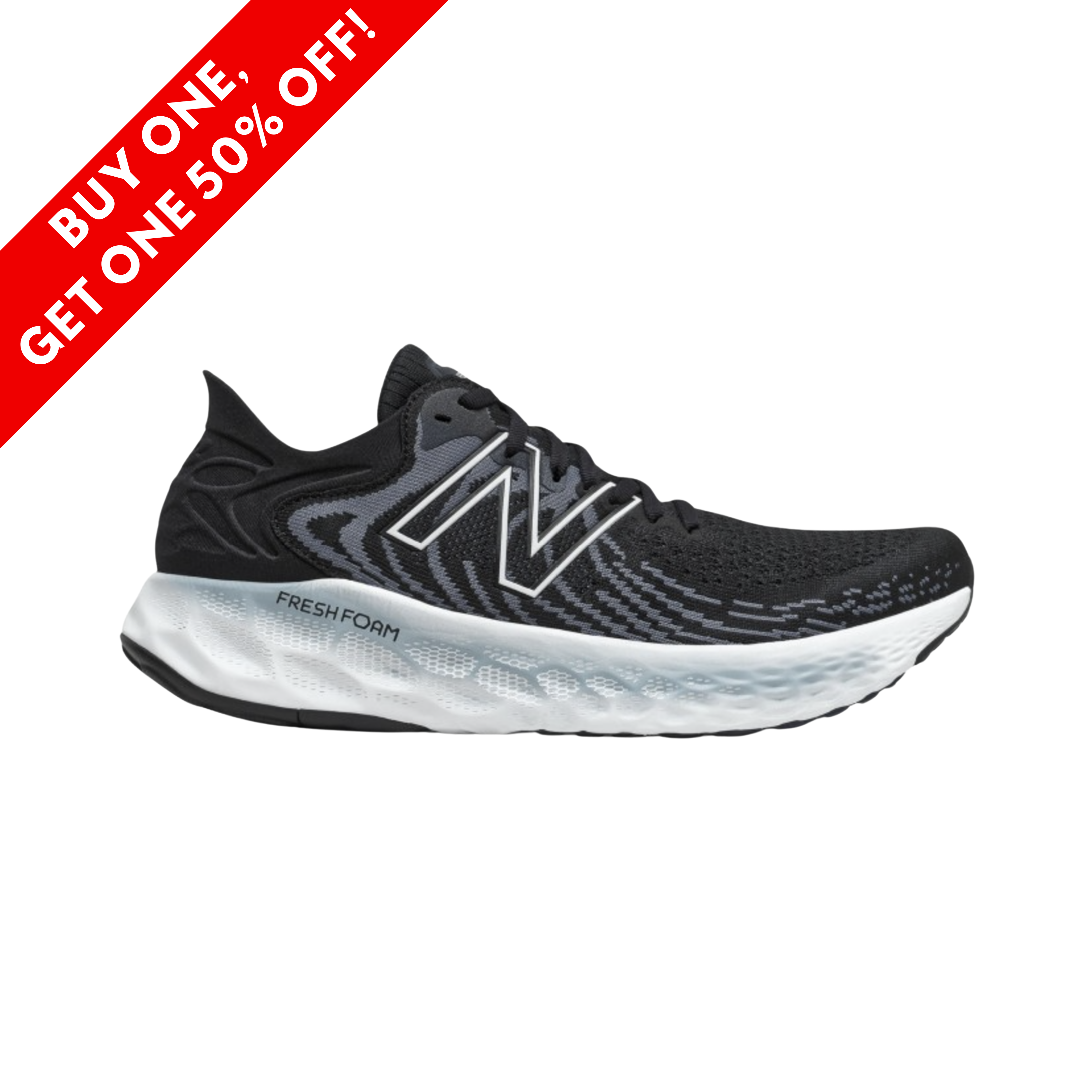 Side View of Men’s New Balance Fresh Foam x 1080 running shoe in black with thunder and white – featuring a breathable engineered knit upper, Fresh Foam midsole for soft cushioning, and durable rubber outsole for everyday performance.