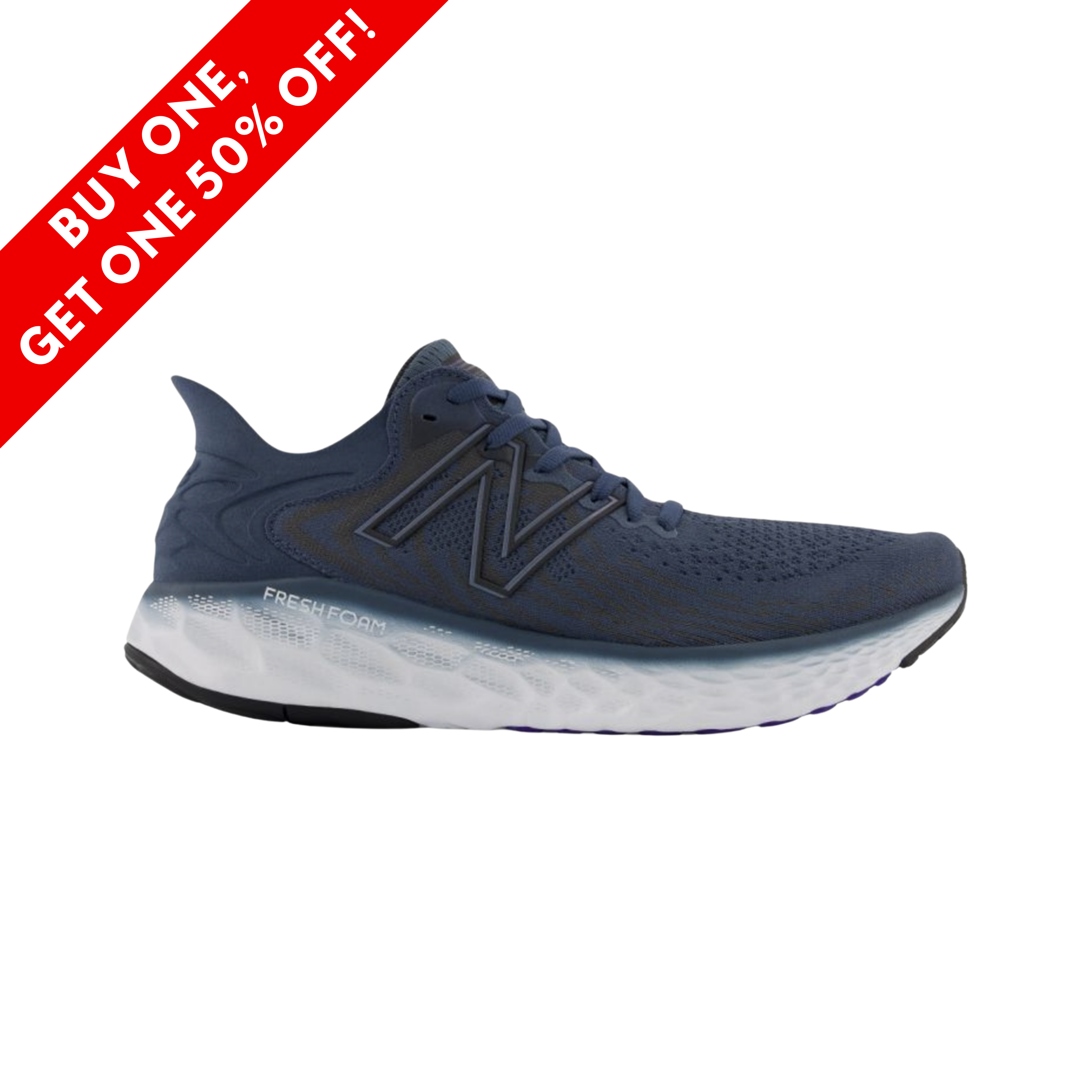 Side View of Men’s New Balance Fresh Foam x 1080 running shoe in deep ocean with grey and deep violet – featuring a breathable engineered knit upper, Fresh Foam midsole for soft cushioning, and durable rubber outsole for reliable traction.