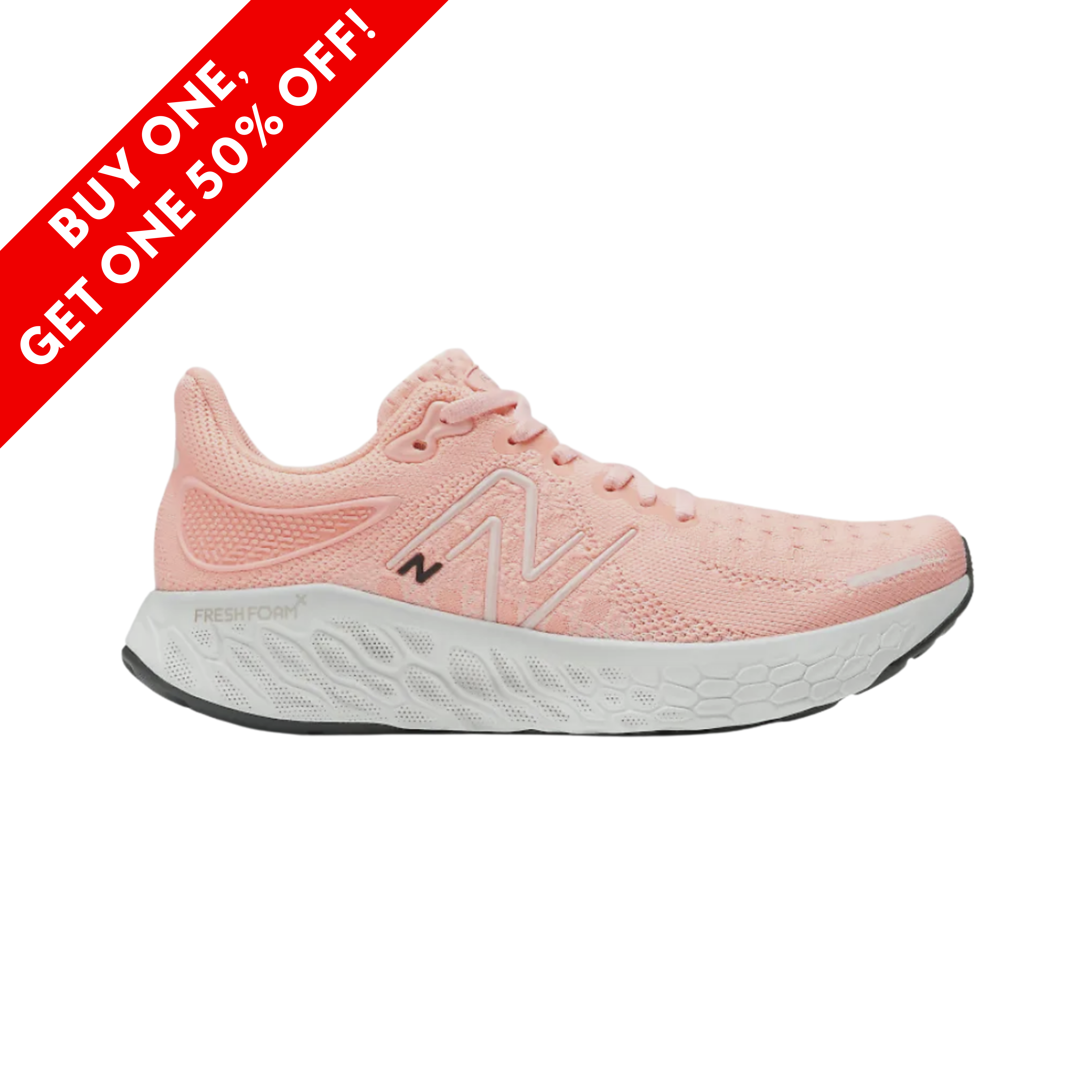 Side View of Women’s New Balance Fresh Foam x 1080 running shoe in grapefruit – featuring a breathable engineered knit upper, Fresh Foam X midsole for plush cushioning, and durable rubber outsole for smooth transitions.