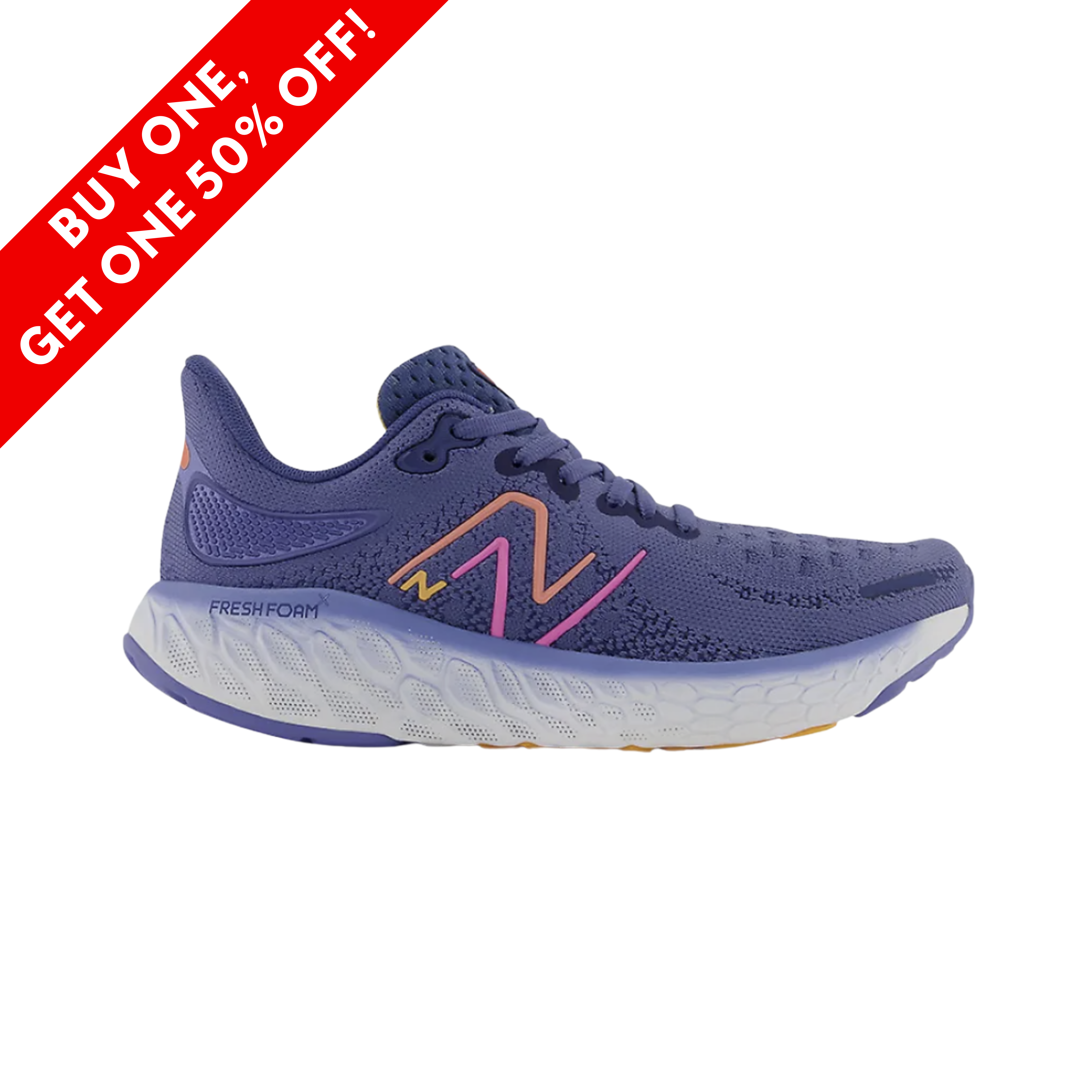 Side View of Women’s New Balance Fresh Foam x 1080v12 running shoe in night sky with vibrant orange – featuring a breathable engineered knit upper, Fresh Foam X midsole for ultra-plush cushioning, and durable rubber outsole for smooth transitions.