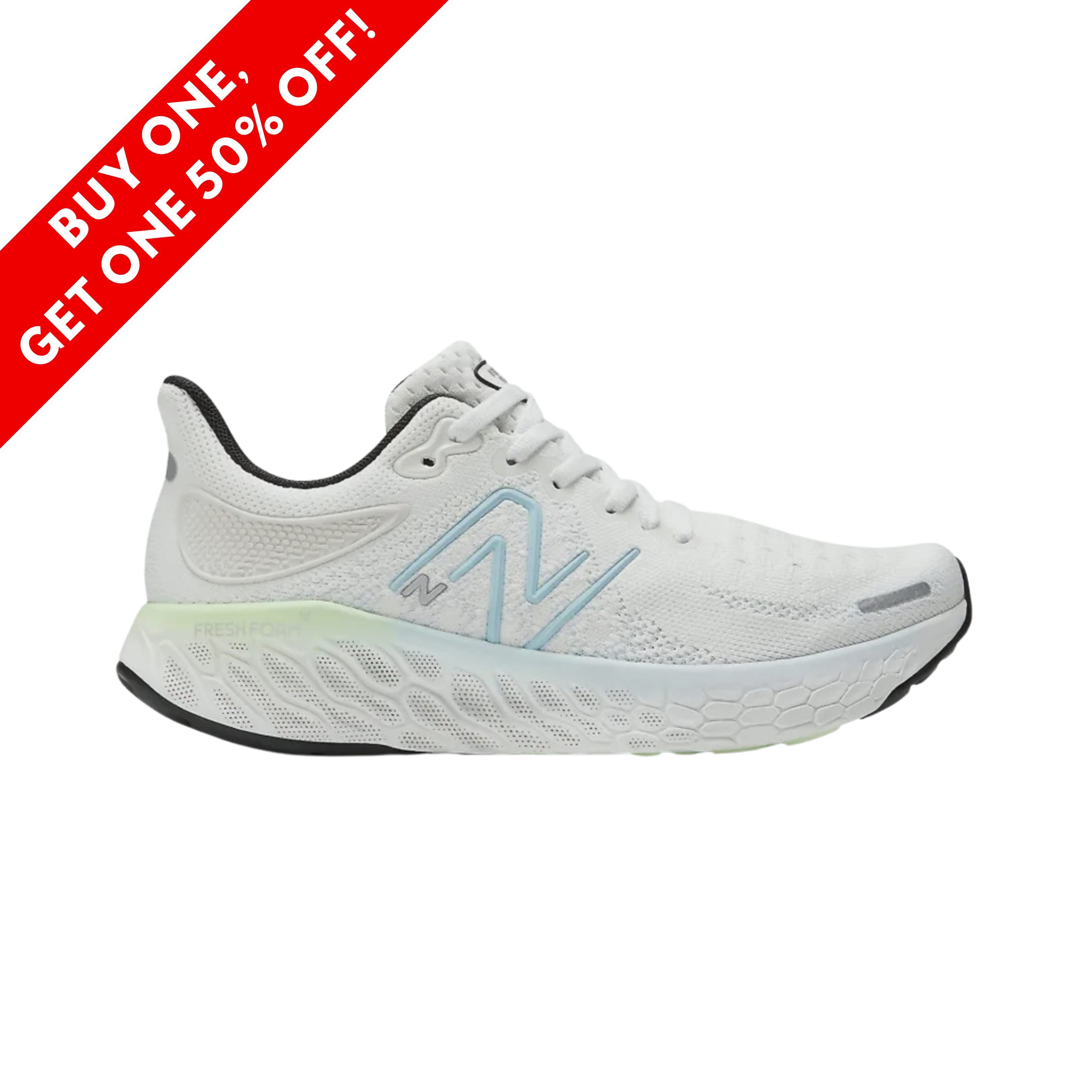 Side View of Women’s New Balance Fresh Foam x 1080v12 running shoe in white with bleach blue – featuring a breathable engineered knit upper, Fresh Foam X midsole for plush cushioning, and durable rubber outsole for smooth transitions.