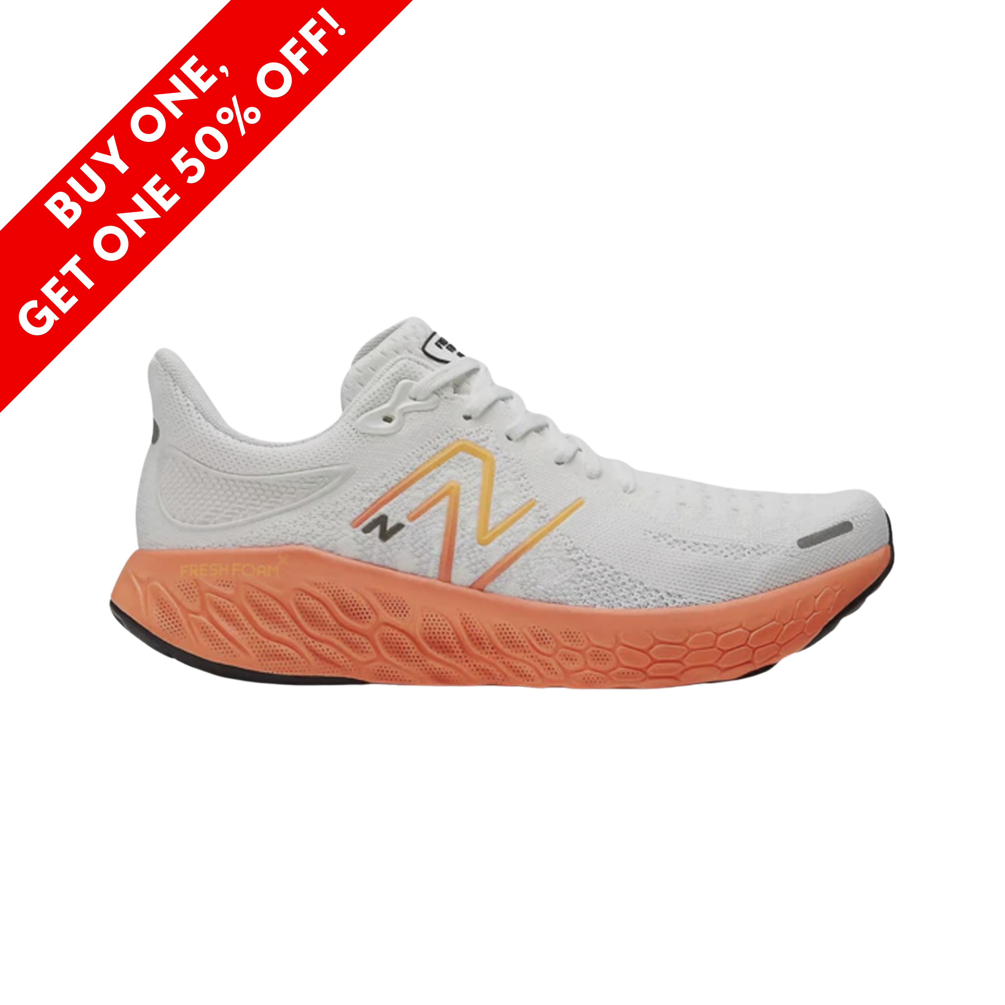 Side View of Men’s New Balance Fresh Foam x 1080v12 running shoe in white with orange – featuring a breathable engineered knit upper, Fresh Foam X midsole for ultra-plush cushioning, and durable rubber outsole for smooth transitions.