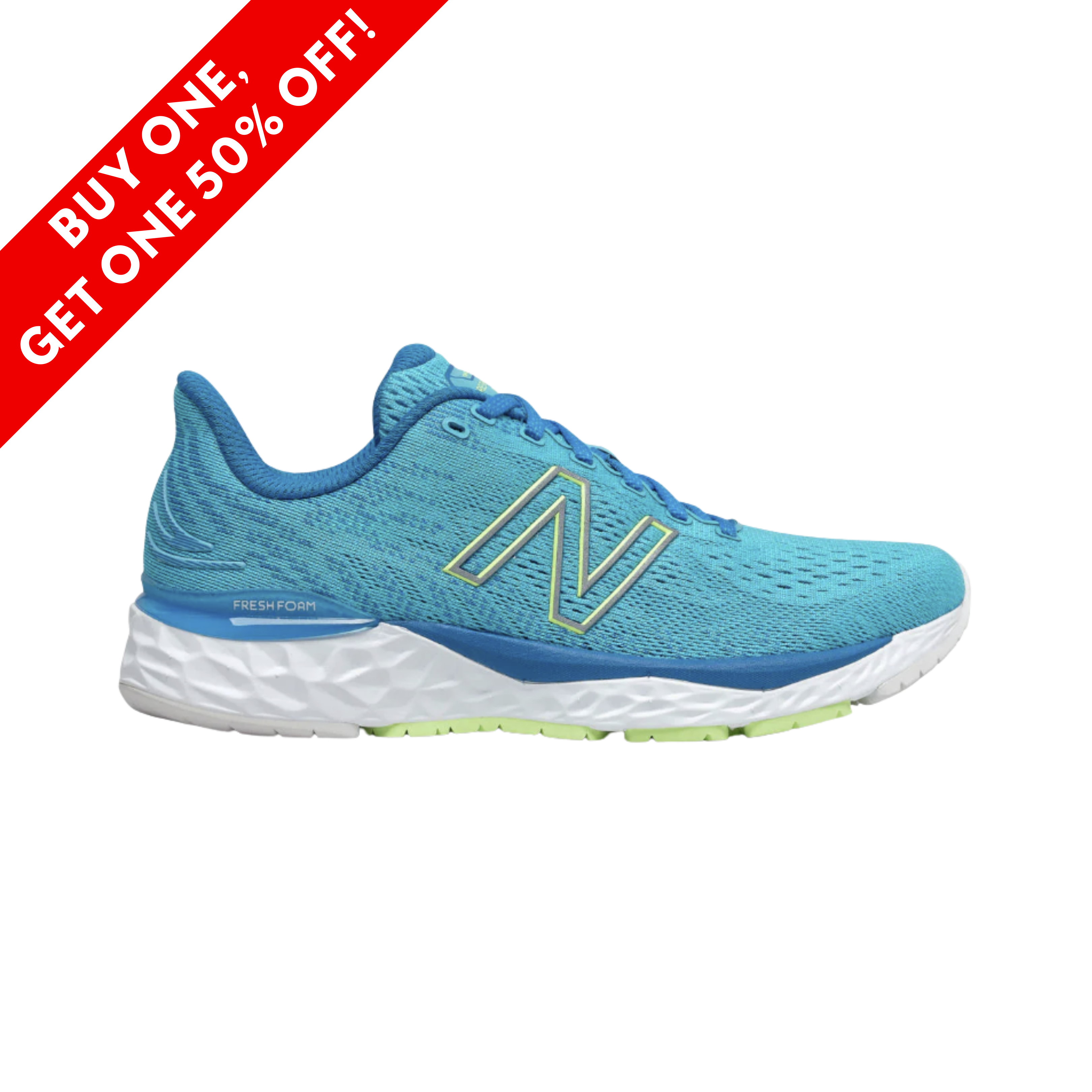 Side View of Women’s New Balance Fresh Foam x 880v11 running shoe in virtual sky with wave – featuring a breathable engineered mesh upper, Fresh Foam midsole for soft cushioning, and durable rubber outsole for reliable grip.