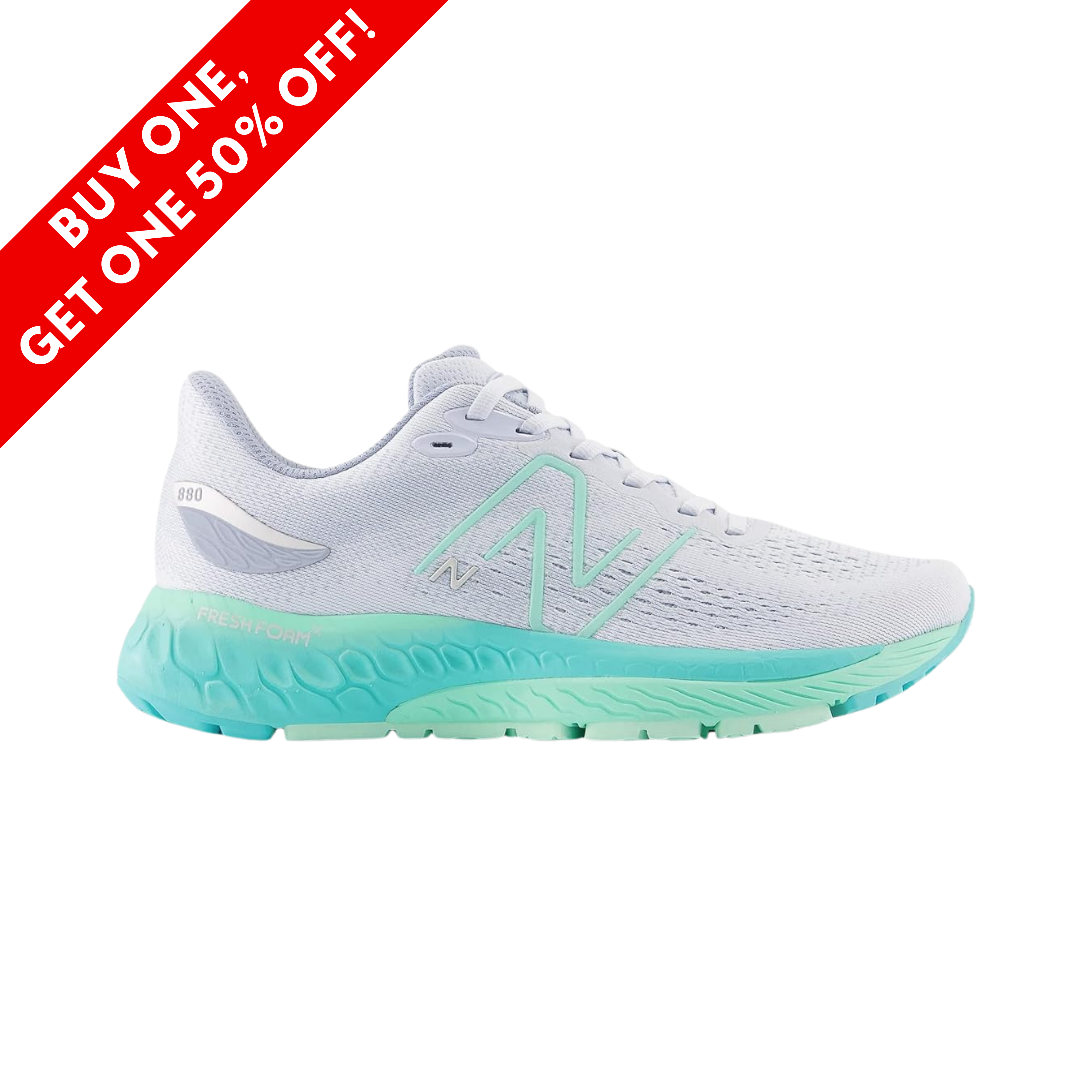 Side View of Women’s New Balance Fresh Foam x 880v12 running shoe in starlight with bright mint and cyber jade – featuring a breathable engineered mesh upper, Fresh Foam X midsole for soft cushioning, and durable rubber outsole for smooth transitions.