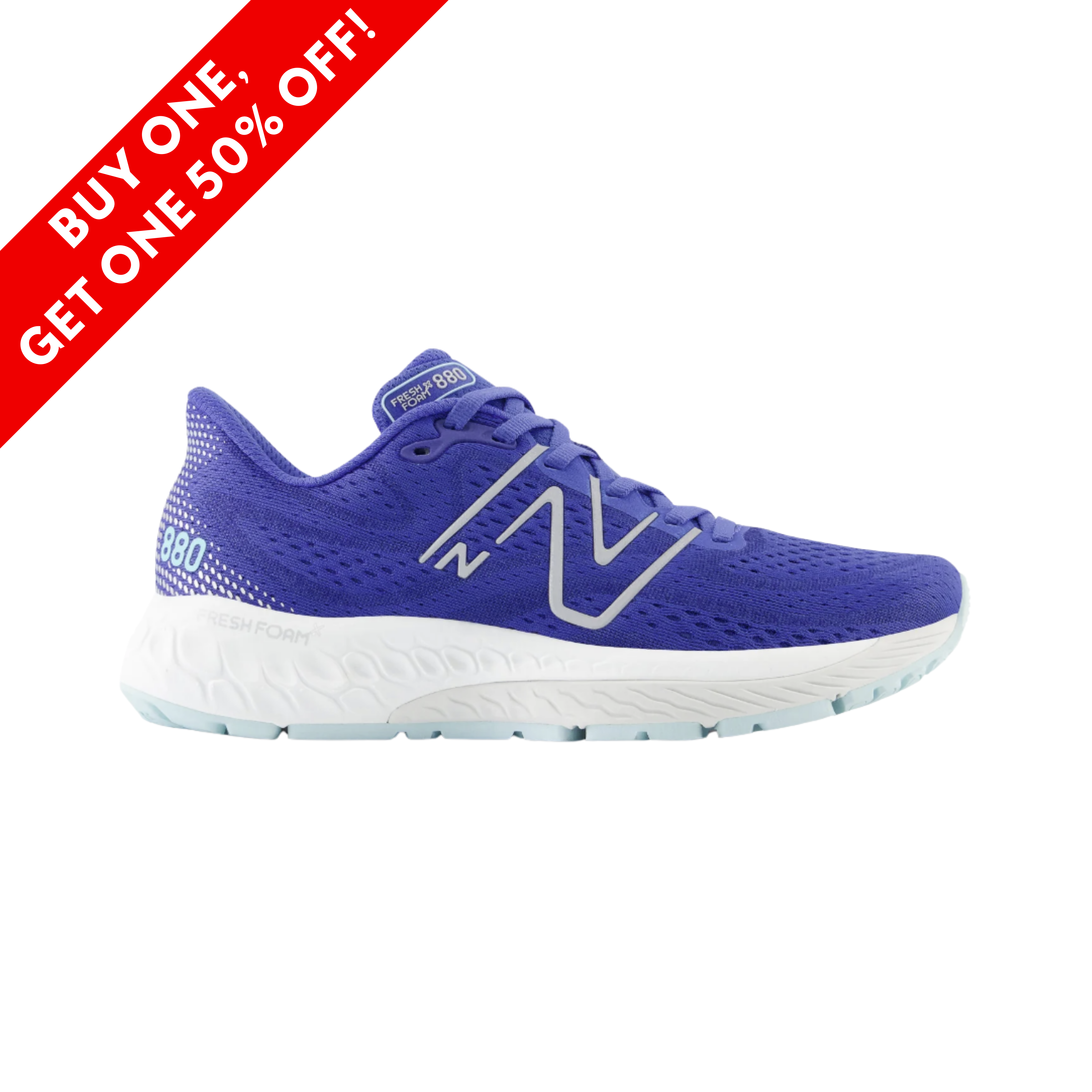 Side View of Women’s New Balance Fresh Foam x 880v13 running shoe in marine blue with bright cyan – featuring a breathable engineered mesh upper, Fresh Foam X midsole for plush cushioning, and durable rubber outsole for reliable traction