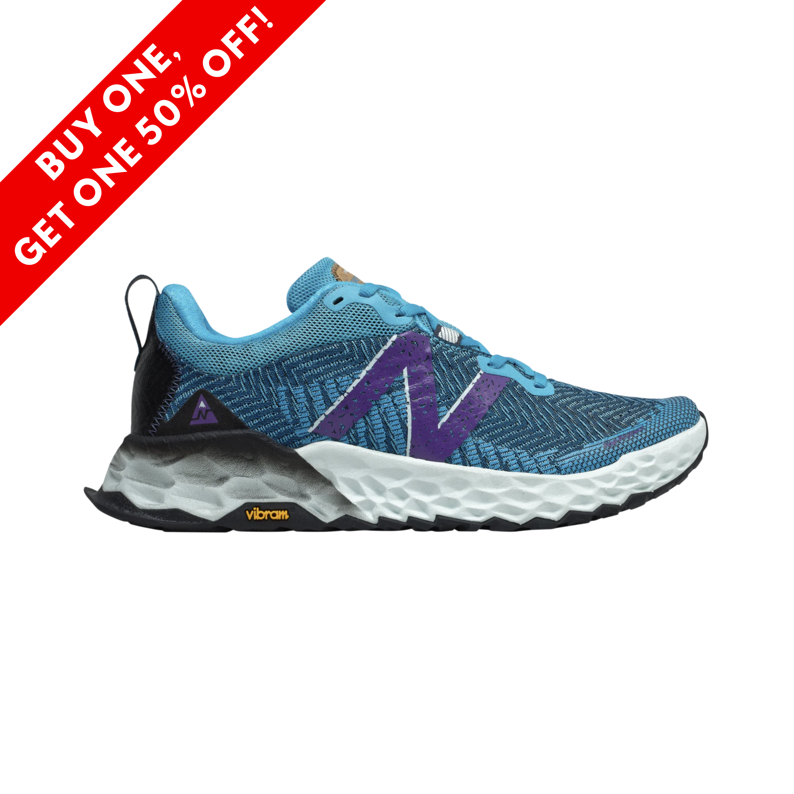 Side View of Women’s New Balance Fresh Foam x Hierro v6 trail running shoe in virtual sky with sour grape – featuring a breathable mesh upper with seamless overlays, Fresh Foam X midsole cushioning, and Vibram outsole for durable trail traction.