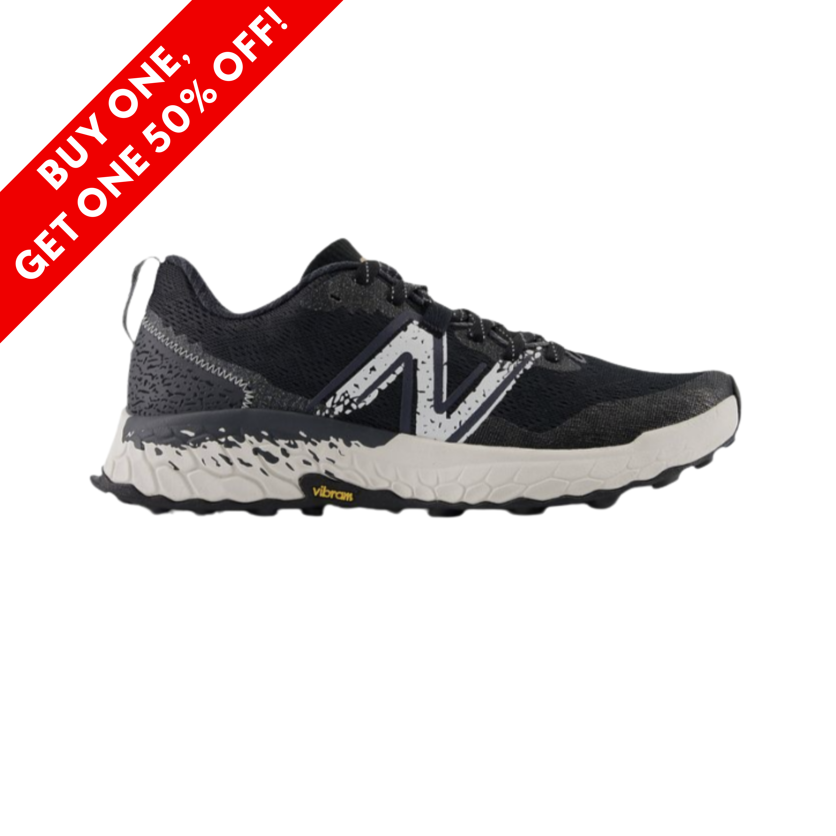 Side View of Men’s New Balance Fresh Foam x Hierro v7 trail running shoe in black reflection with white – featuring a durable mesh upper with abrasion-resistant overlays, ultra-cushioned Fresh Foam X midsole, and Vibram outsole for enhanced trail traction.