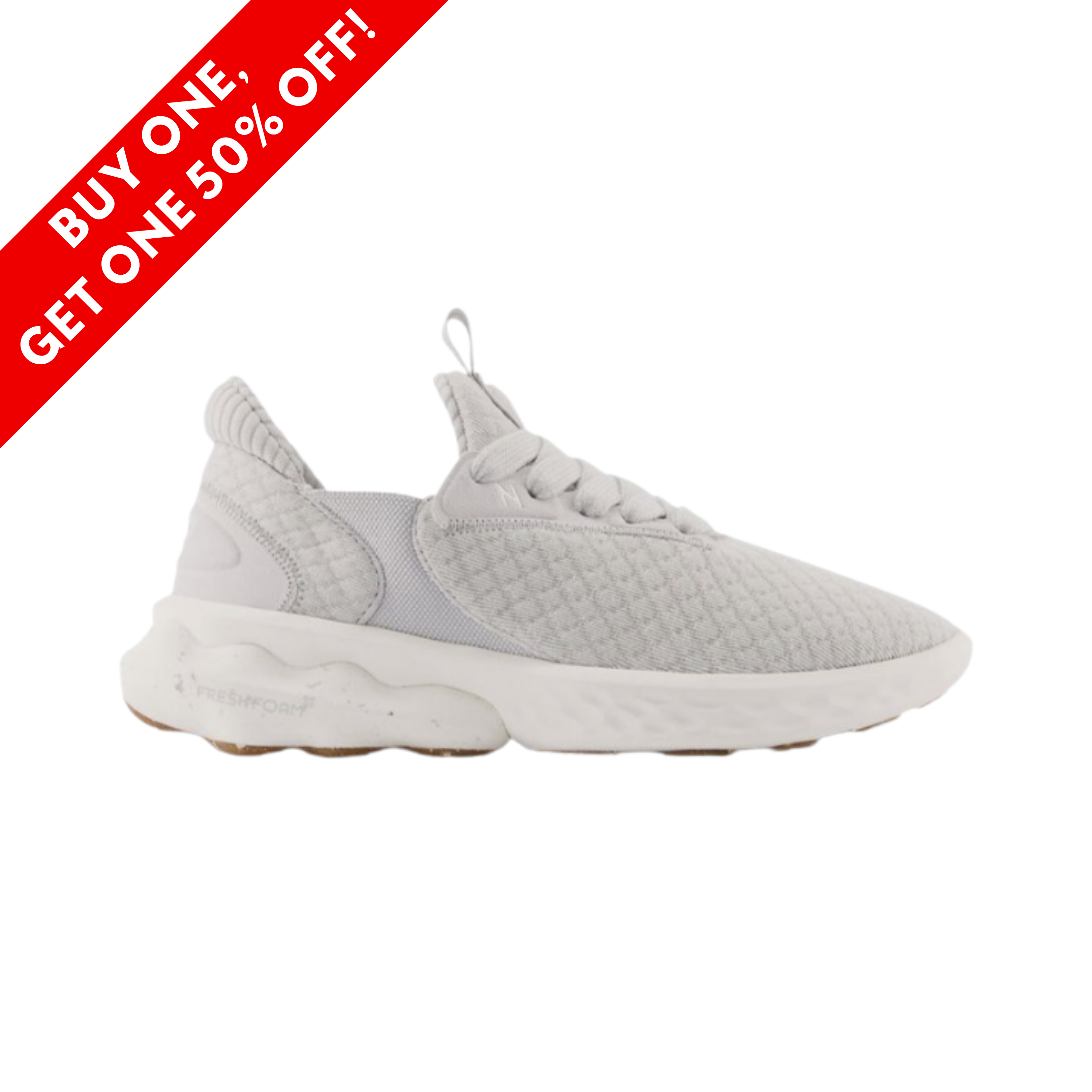 Side View of Women’s New Balance Fresh Foam x Roav Elite sneaker in summer fog with sea salt – featuring a lightweight engineered mesh upper, ultra-cushioned Fresh Foam midsole, and durable rubber outsole for traction.