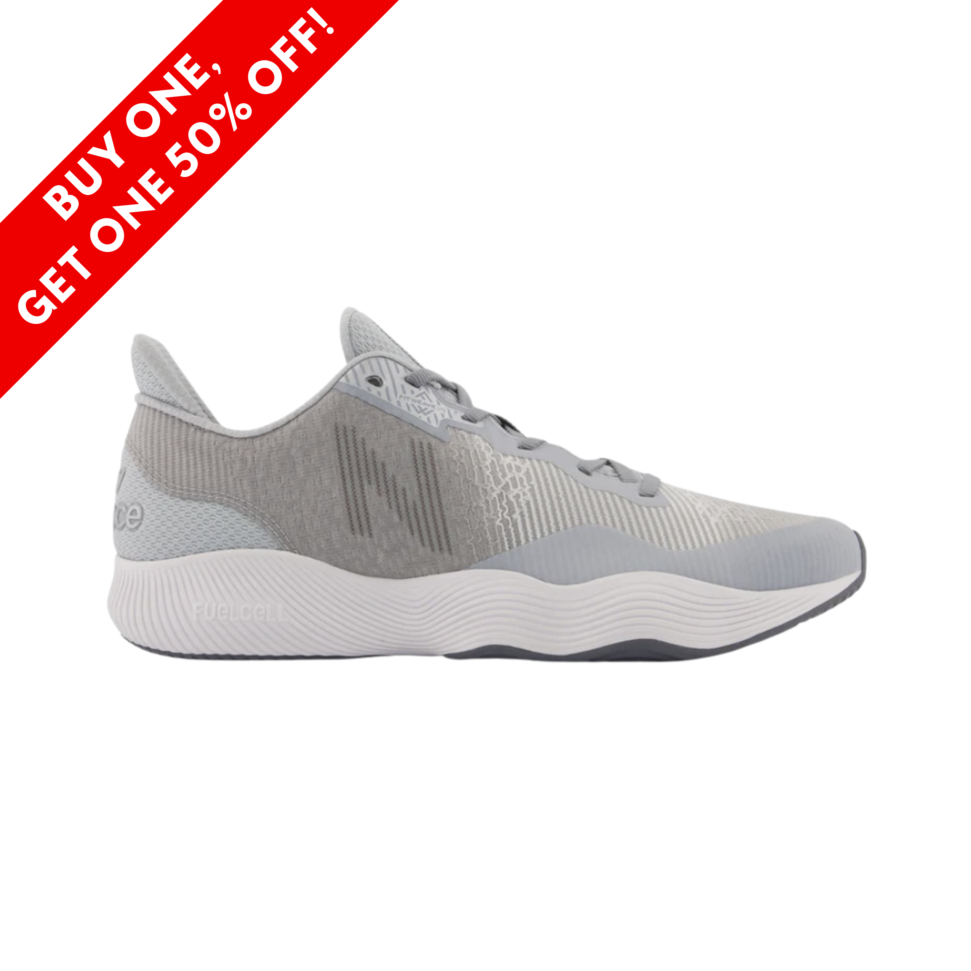 Side View of Men’s New Balance FuelCell Shift TR training shoe in steel with white and serene blue – featuring a lightweight mesh upper with supportive overlays, FuelCell midsole for explosive energy return, and durable rubber outsole with strategic tread for multi-directional traction during high-intensity workouts.