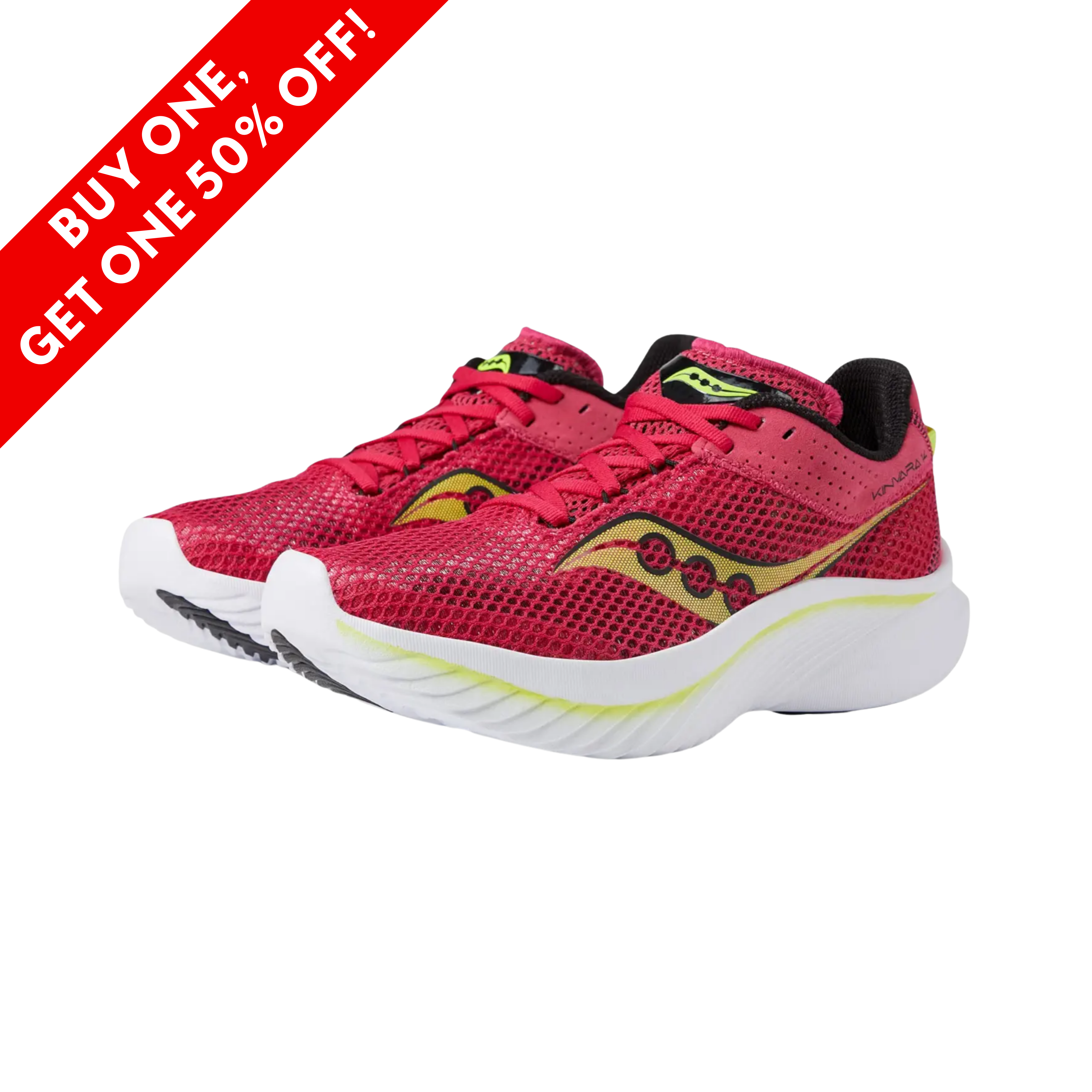 Side View of Women’s Saucony Kinvara 14 running shoe in red rose – featuring a lightweight engineered mesh upper for enhanced breathability, PWRRUN midsole cushioning for a responsive ride, and streamlined outsole design for smooth, fast transitions.