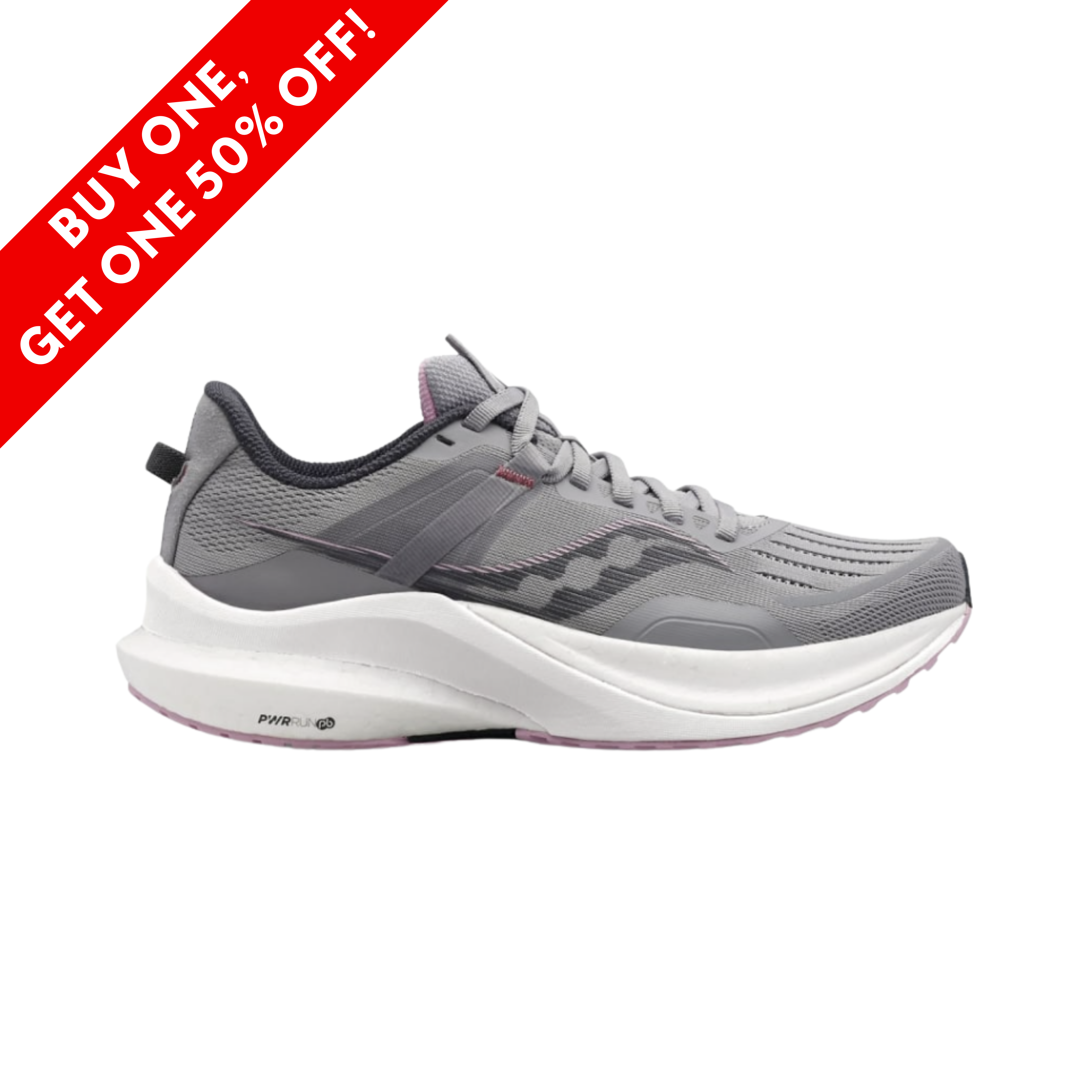 Side View of Women’s Saucony Tempus running shoe in alloy quartz – featuring a breathable mesh upper, PWRRUN PB cushioning for lightweight responsiveness, and contoured PWRRUN Frame for adaptive stability and support.