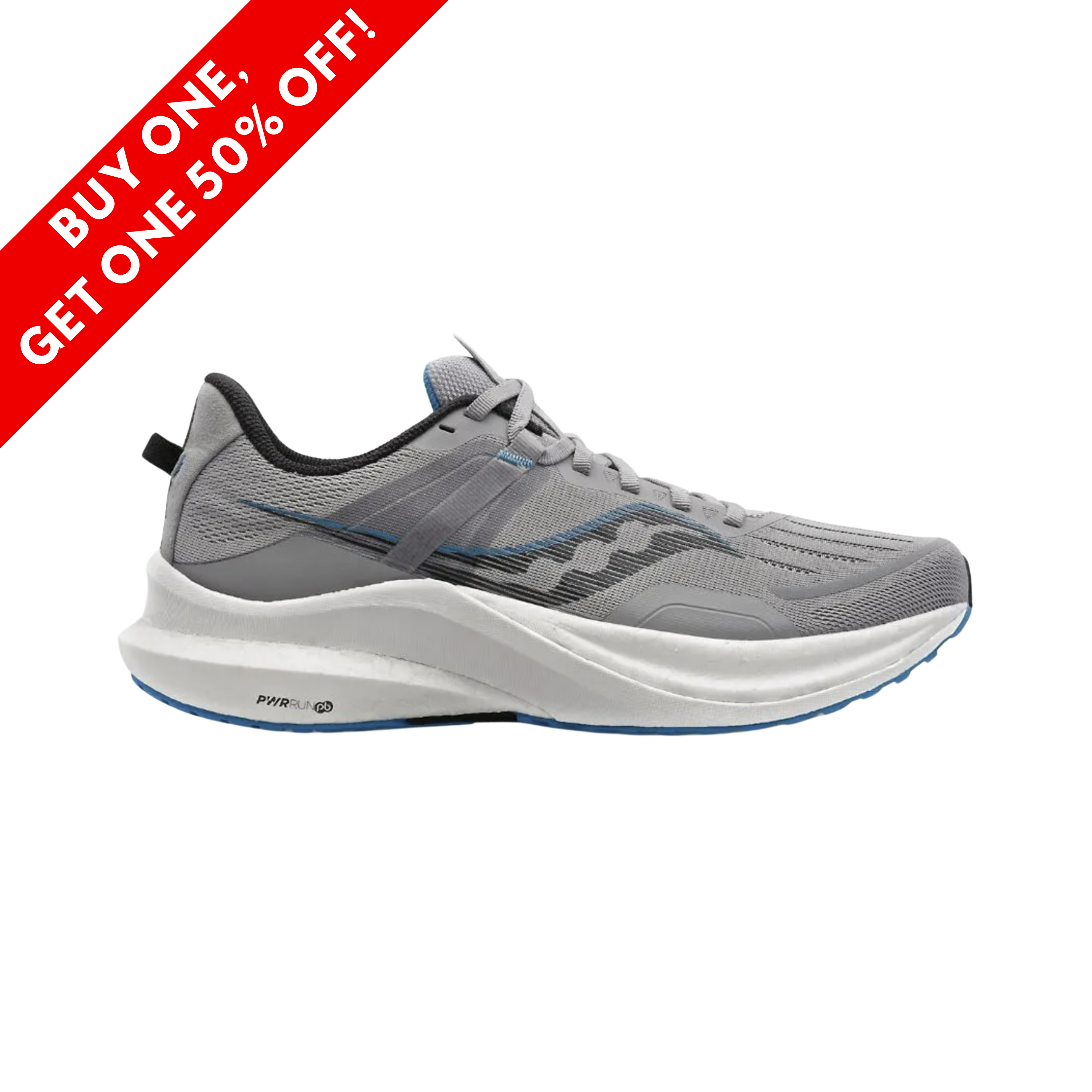 Side view of Men’s Saucony Tempus running shoe in alloy topaz – featuring a breathable engineered mesh upper, responsive PWRRUN PB cushioning for high-energy return, and PWRRUN Frame for lightweight guidance and stability during motion.