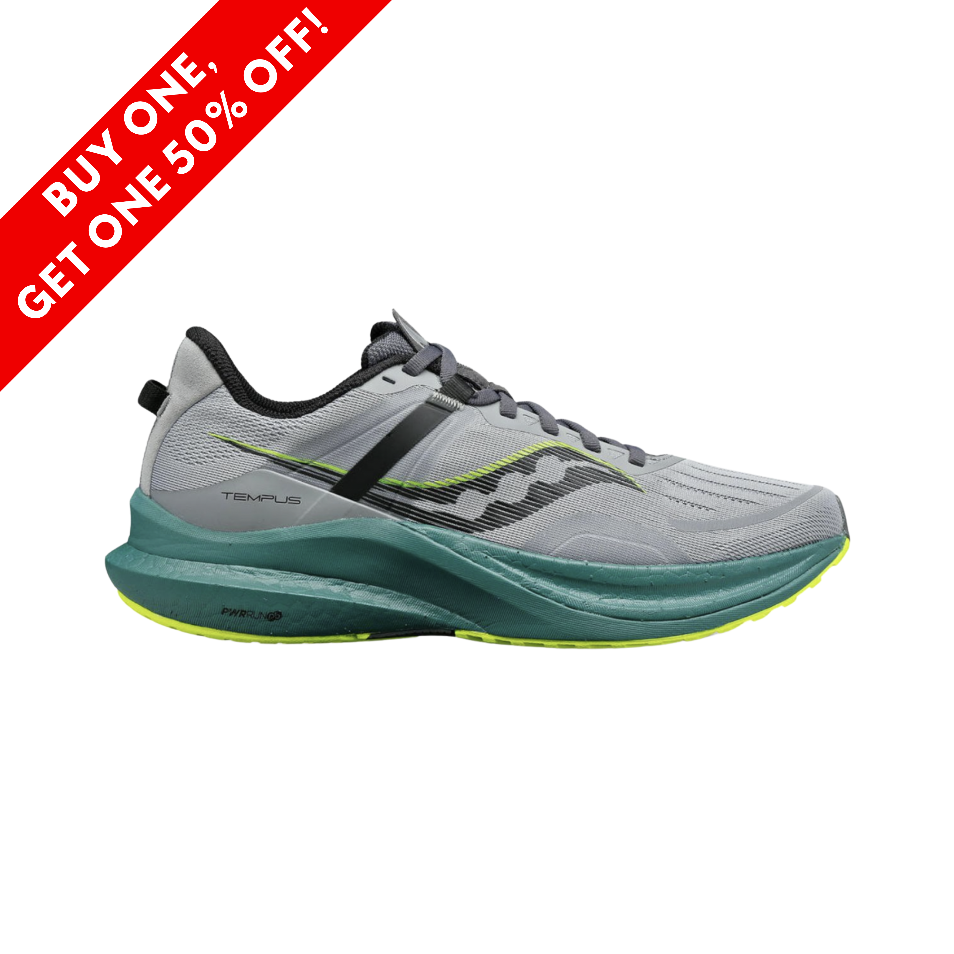 Side View of Men’s Saucony Tempus running shoe in fossil moss – featuring a breathable mesh upper with structured overlays, PWRRUN PB cushioning for lightweight energy return, and contoured PWRRUN Frame for responsive support and stability.