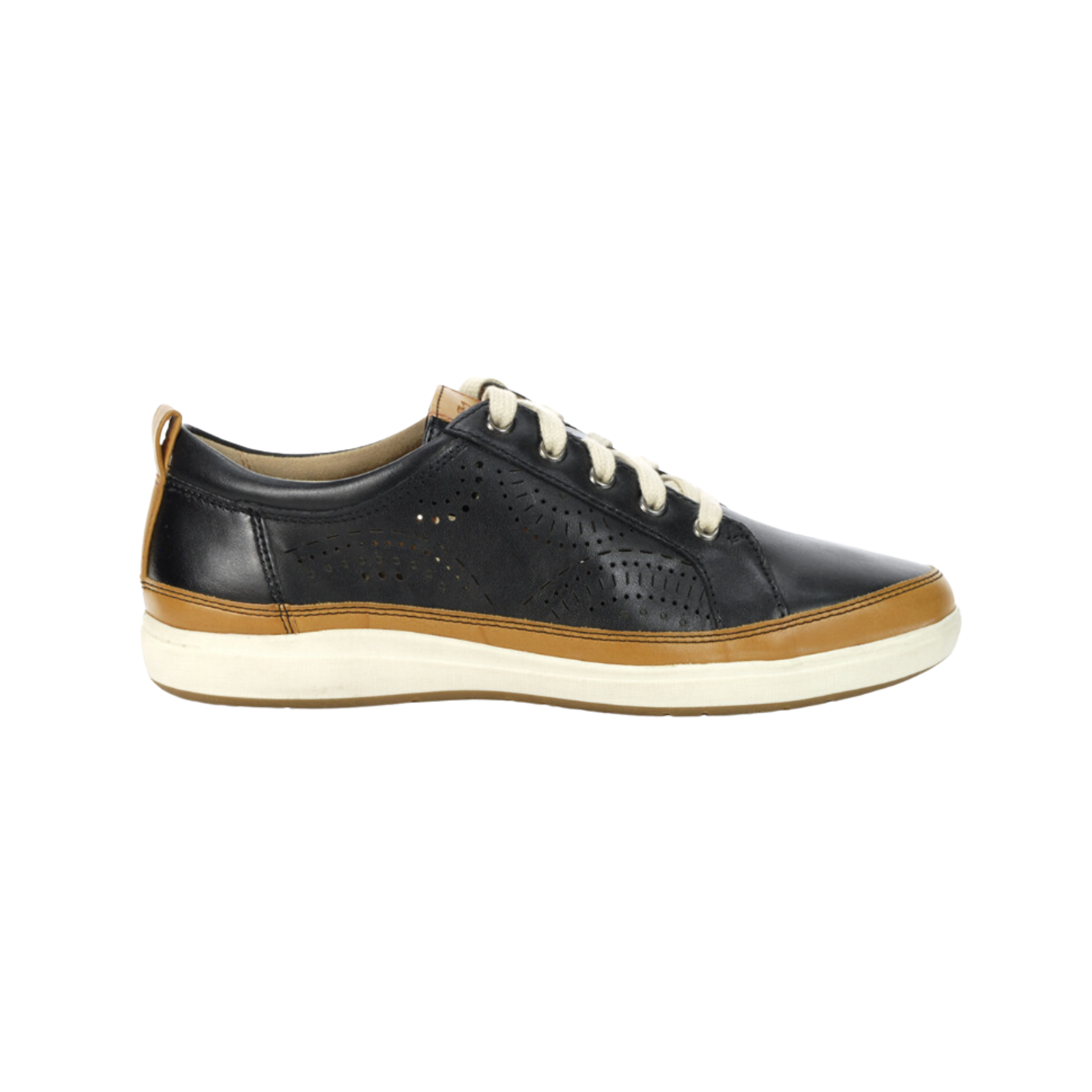 Side view of Women’s Cobb Hill Bailee casual sneaker in black, brown, and white – featuring multi-material upper, cushioned footbed, and flexible rubber outsole.