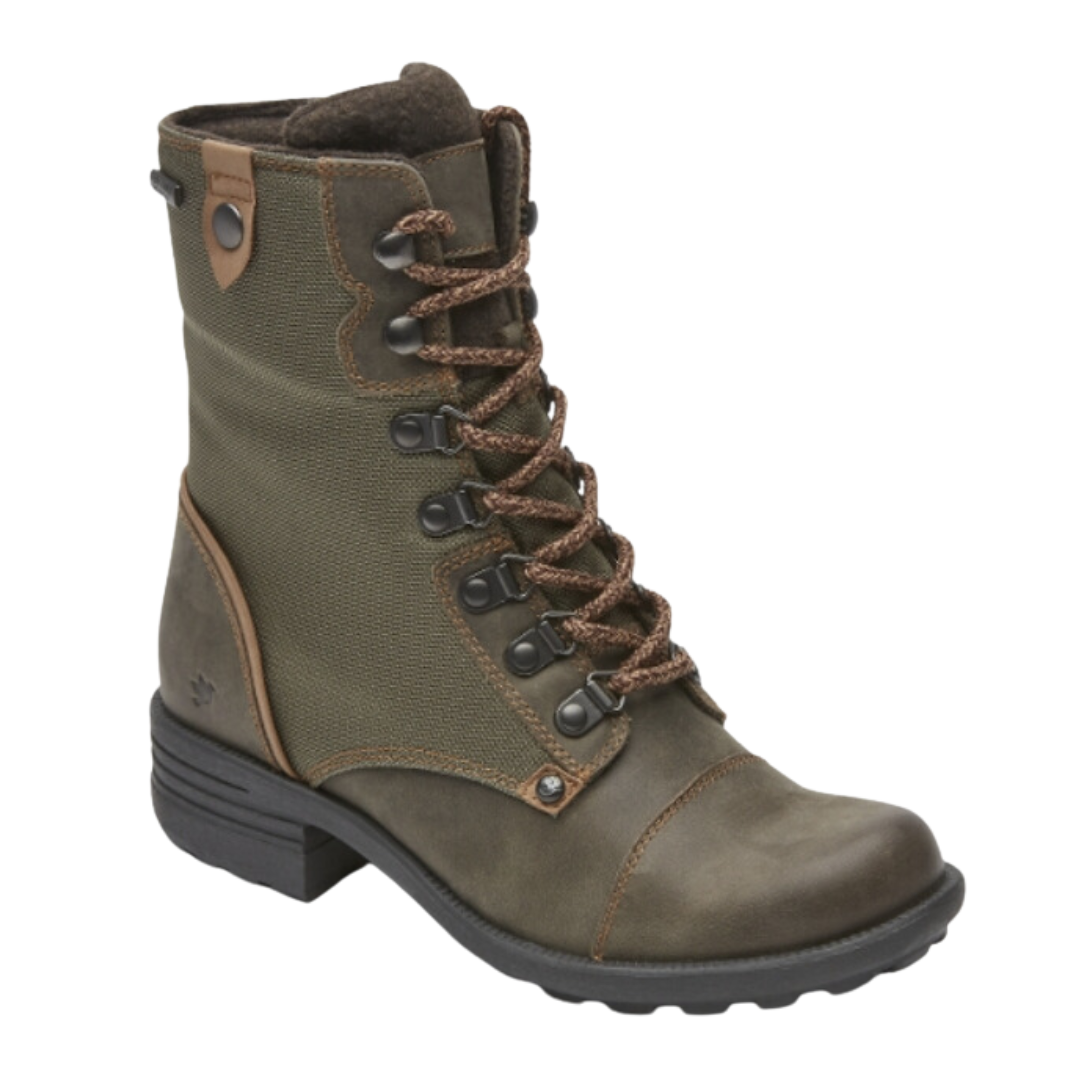 Side view of Women’s Cobb Hill Brunswick Lace casual boot in dark green and brown – featuring leather and textile upper, cushioned insole, and rugged outsole.