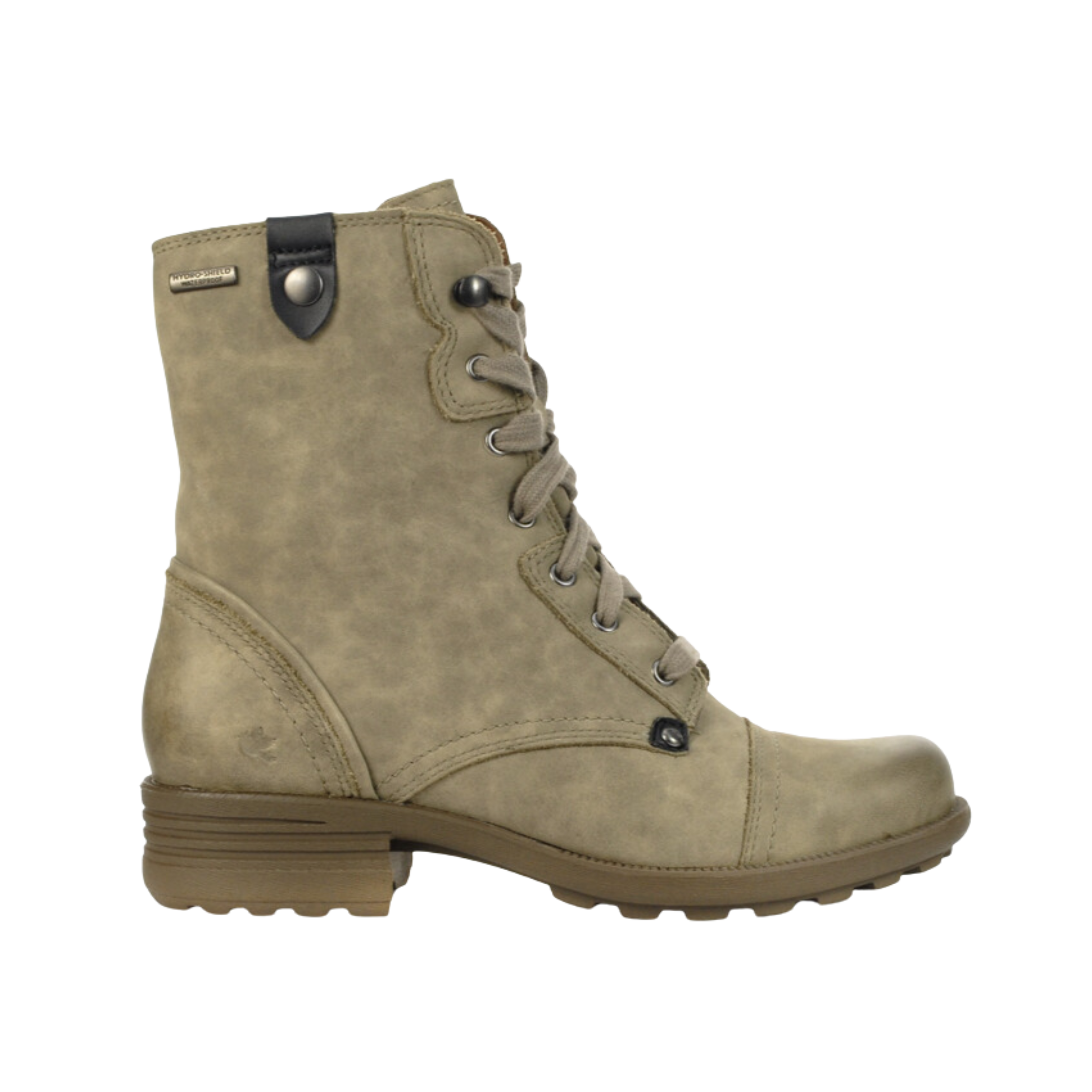 Side view of Women’s Cobb Hill Brunswick Lace casual boot in tan and black – same features as above with different color.