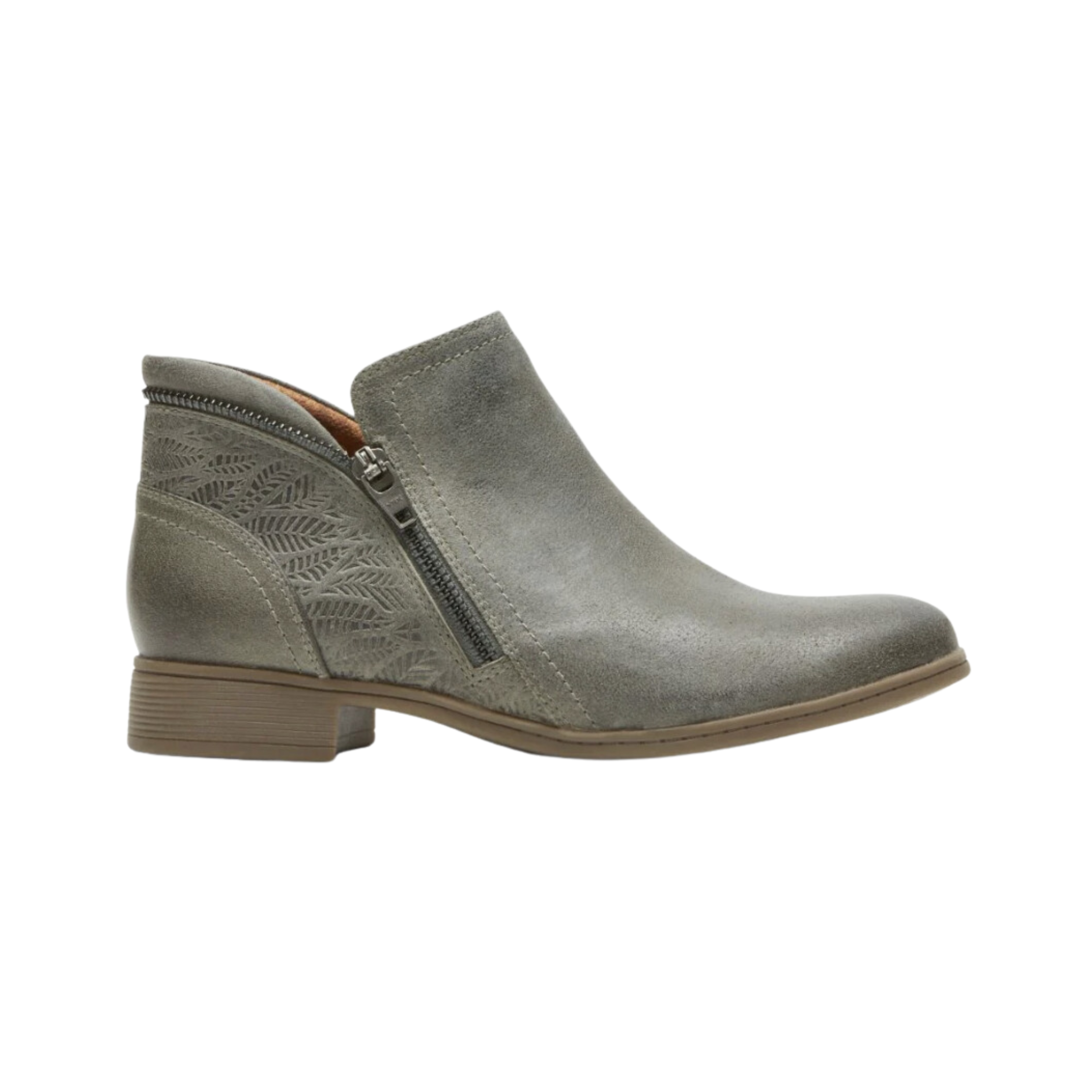Side view of Women’s Cobb Hill Crosbie casual bootie in olive and brown – featuring soft leather upper, cushioned insole, and durable sole.
