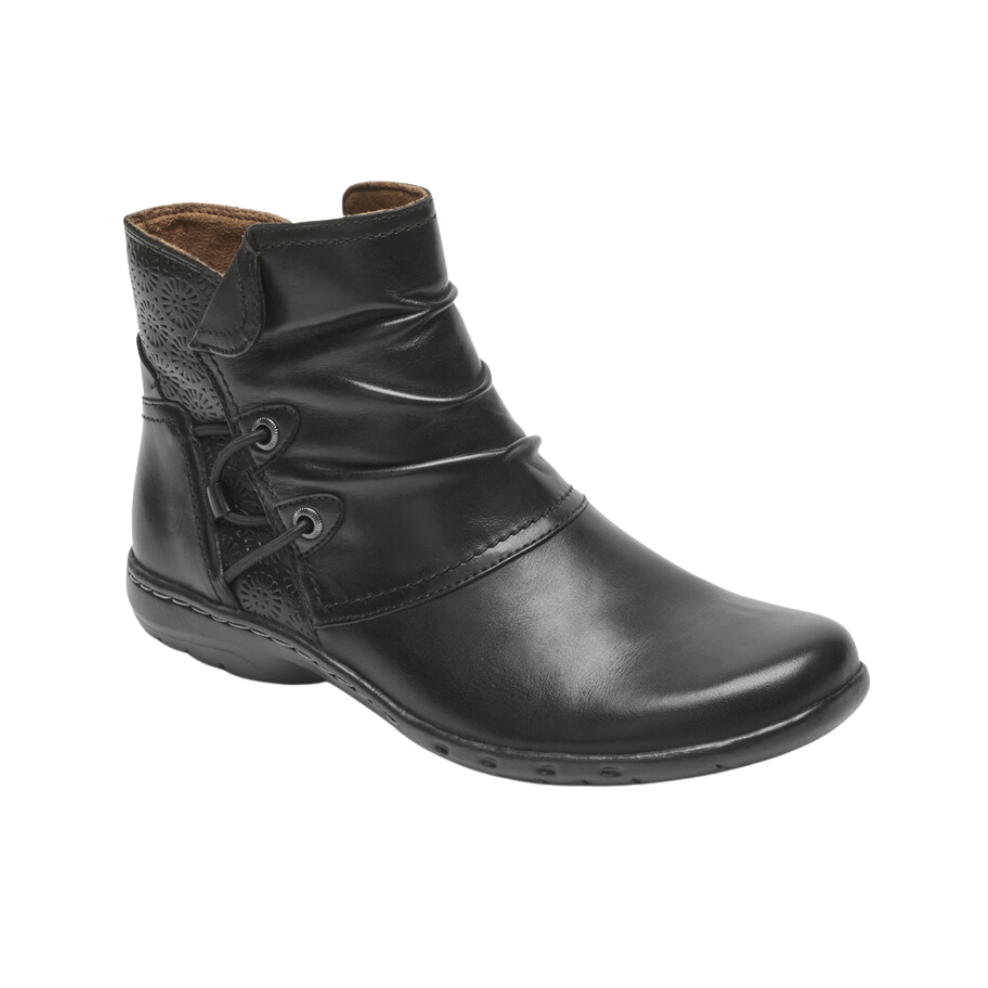 Side view of Women’s Cobb Hill Brunswick Lace casual boot in dark green and brown –– featuring ruched leather upper, cushioned footbed, and durable outsole.