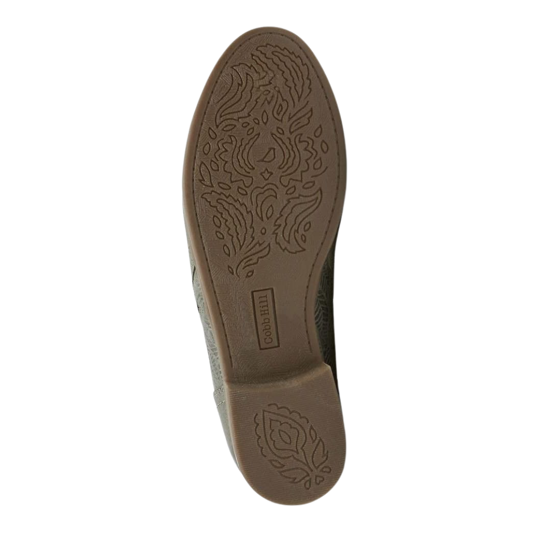 Bottom view of Women’s Cobb Hill Crosbie ankle boot in dusty olive – featuring a durable thermoplastic rubber outsole with slip-resistant tread for reliable traction.