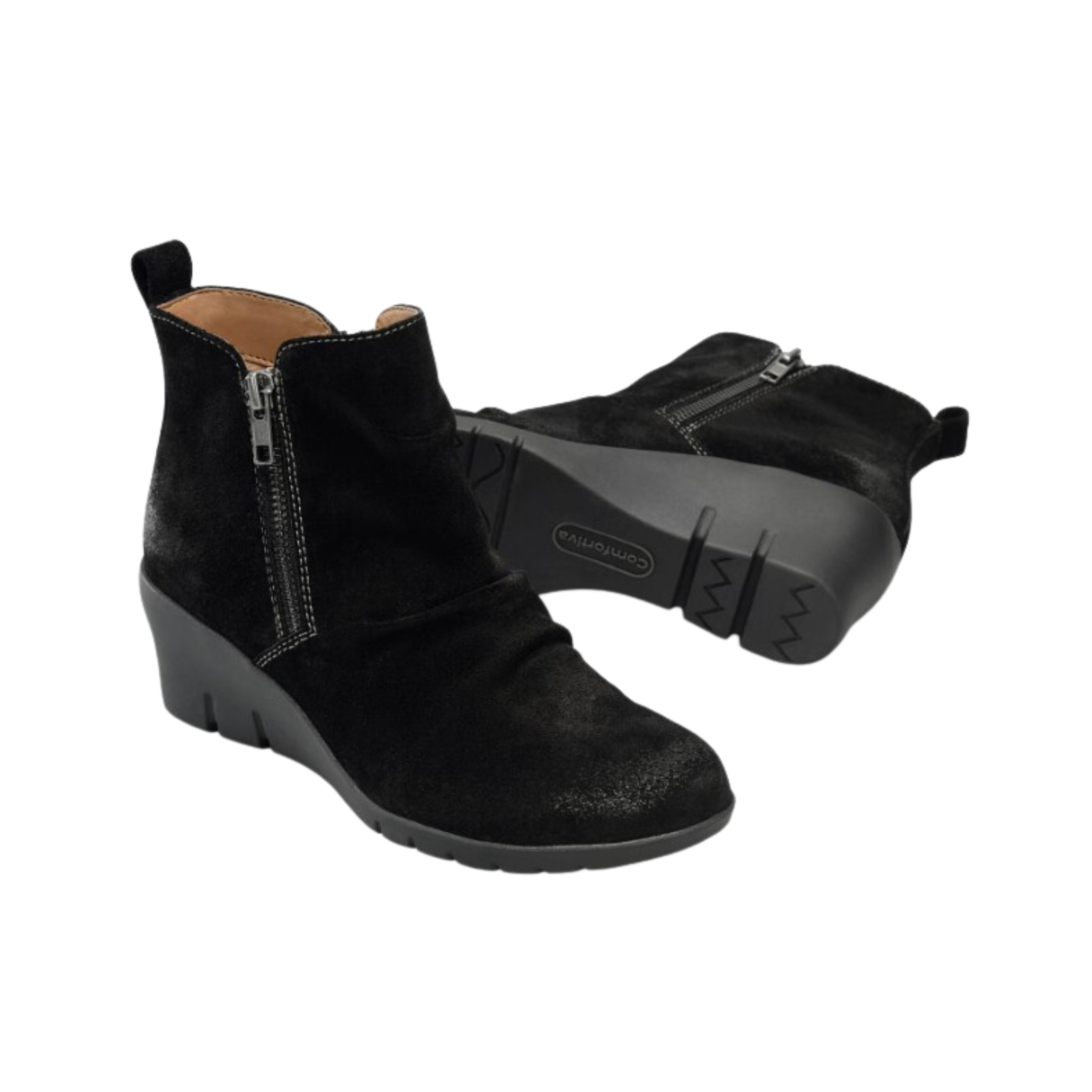 Side view of Women's Comfortiva Ana casual wedge boot in all black suede – featuring premium suede upper, stylish wedge heel, side zipper for easy on and off, and plush footbed for enhanced comfort.