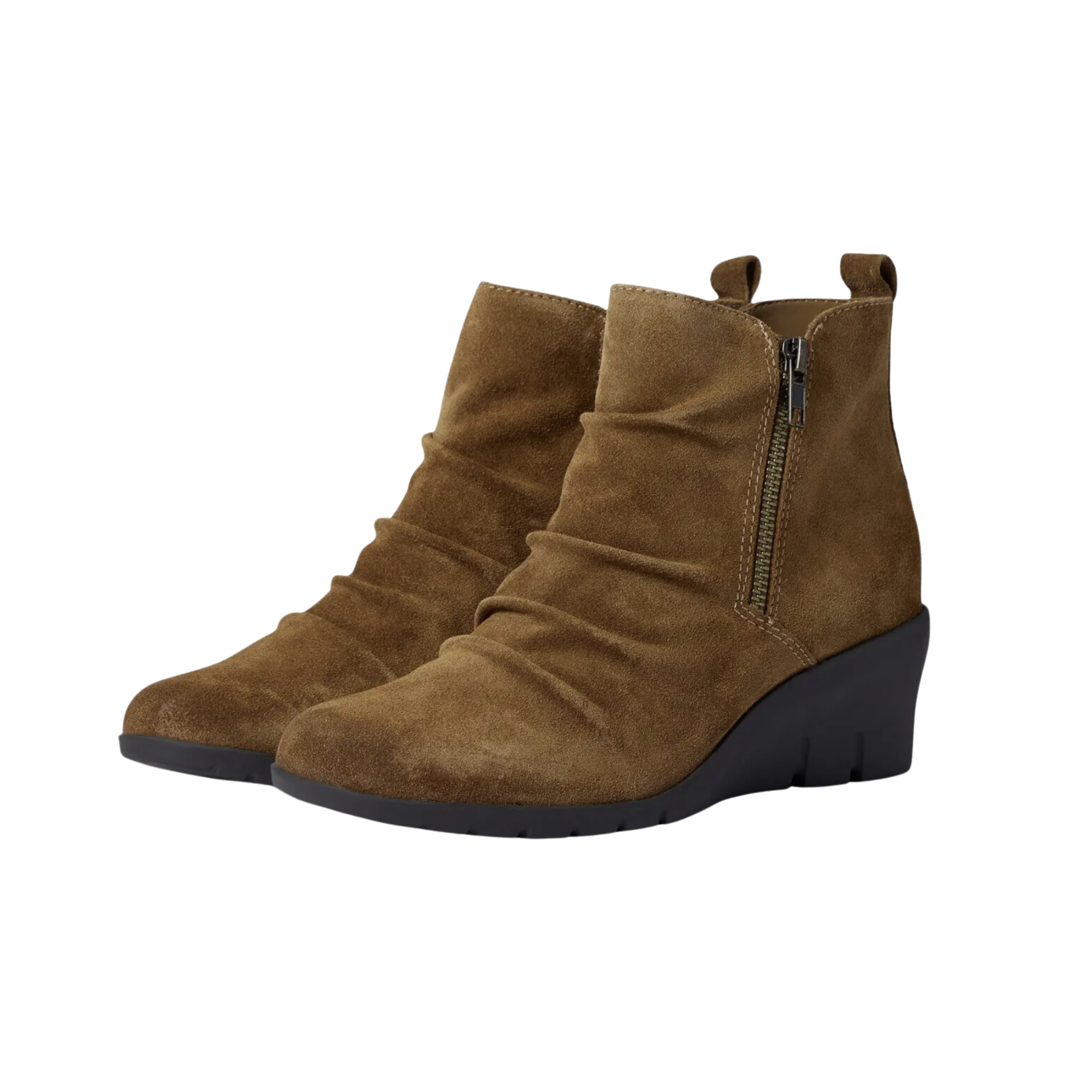Side view of Women’s Comfortiva Ana casual wedge boot in brown and black – featuring smooth leather upper with side zipper for easy wear, wedge heel for stylish elevation, cushioned footbed for comfort, and durable outsole for traction.