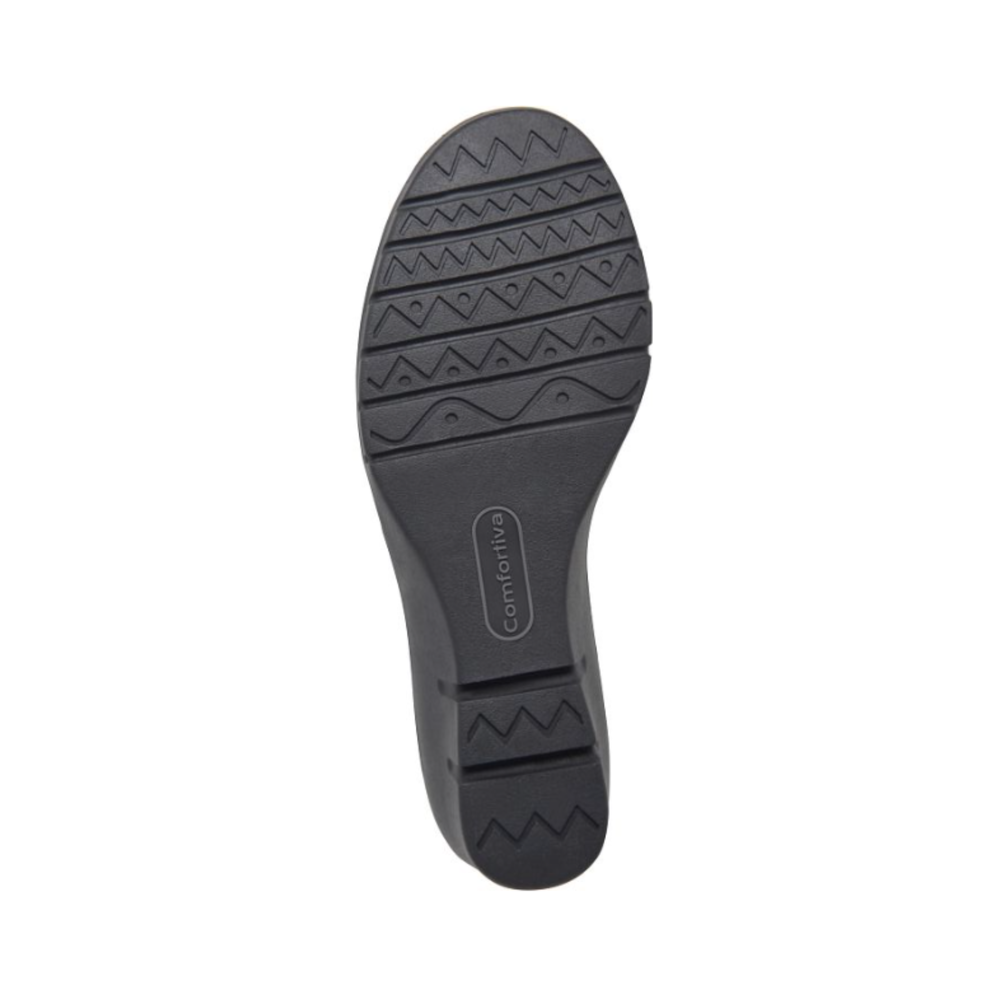 Bottom View of Women’s Comfortiva Ana shoe in black suede – featuring a textured slip-resistant rubber outsole, low stacked heel for subtle lift, and durable construction for all-day stability and comfort.