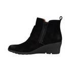 Side View of Women’s Comfortiva Ana shoe in black suede – featuring a soft suede upper with side cutout design, cushioned footbed for all-day comfort, and flexible slip-resistant outsole with low stacked heel.