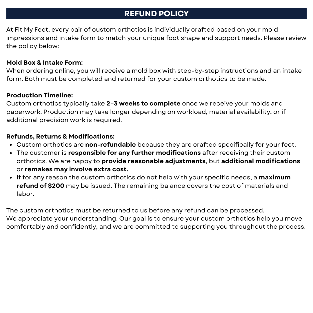 Refund policy document from Fit My Feet outlining terms for custom orthotics, including mold box instructions, production timeline, and non-refundable status. Details include a potential $200 partial refund and customer responsibility for modifications.