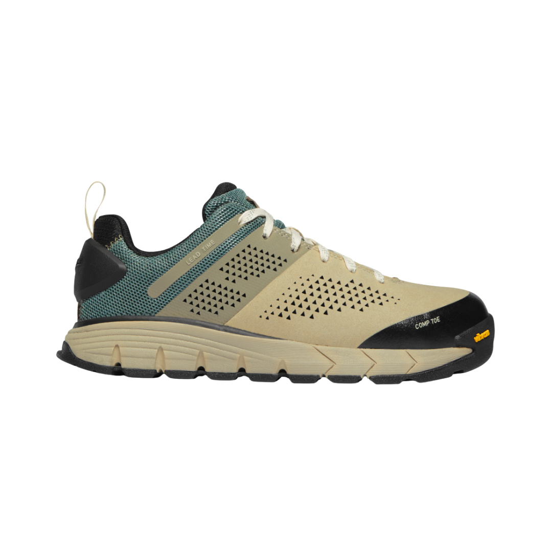 Side view of Women’s Danner Lead Time 3-inch composite toe NMT boot in turquoise – featuring durable leather and textile upper, composite toe for impact protection, and ergonomic design for all-day comfort.