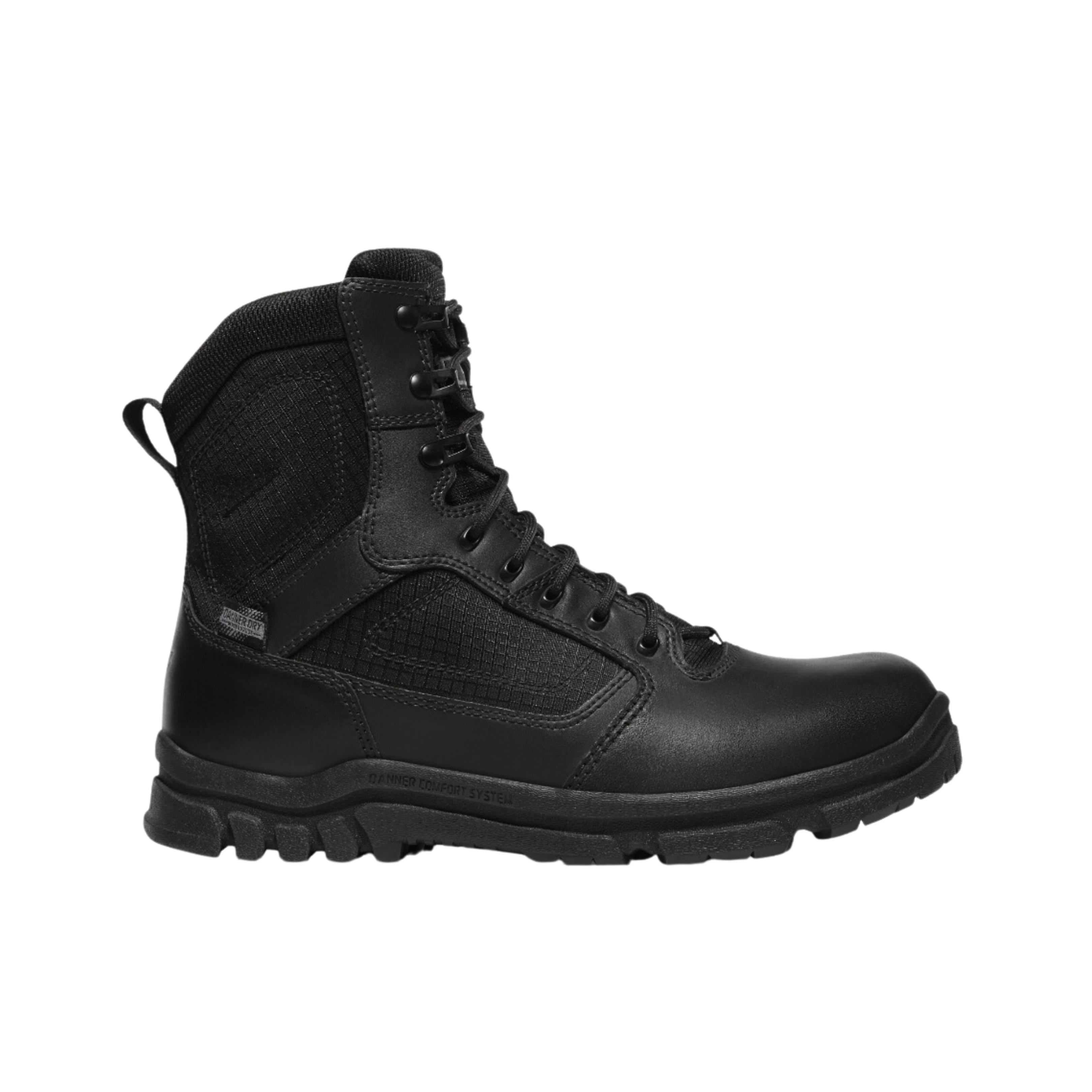 Side view of Men’s Danner Lookout Side Zip work boot in all black – featuring full-grain leather upper, side zipper for easy on/off, cushioned footbed, and rugged outsole.