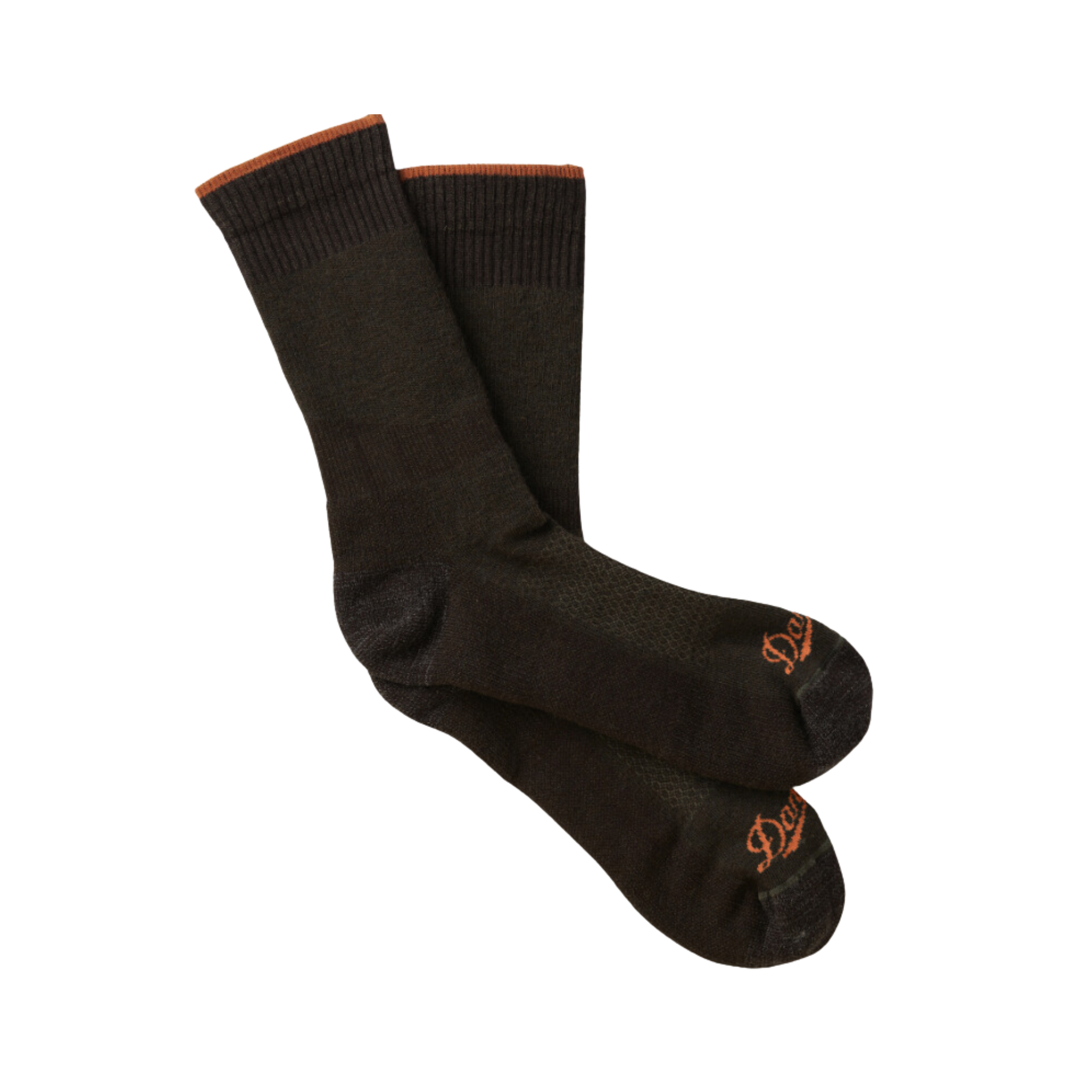 Side view of Unisex Danner Pronghorn crew socks in olive and orange – featuring cushioned sole, breathable fabric, and supportive crew length for all-day comfort.