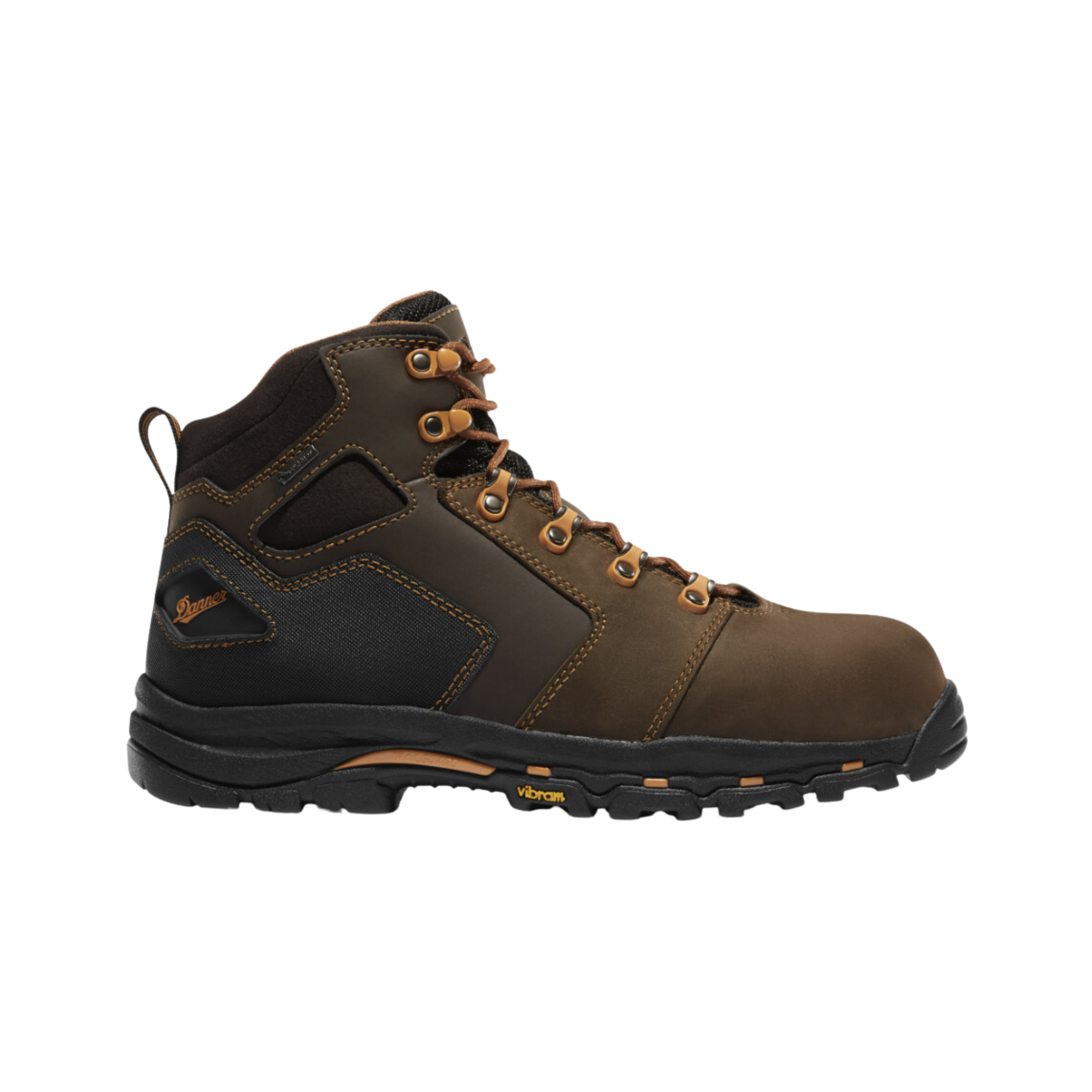 Side view of Men’s Danner Vicious 4 5-inch composite toe work boot in brown and orange – featuring durable leather, composite safety toe, cushioned midsole, and rugged sole.