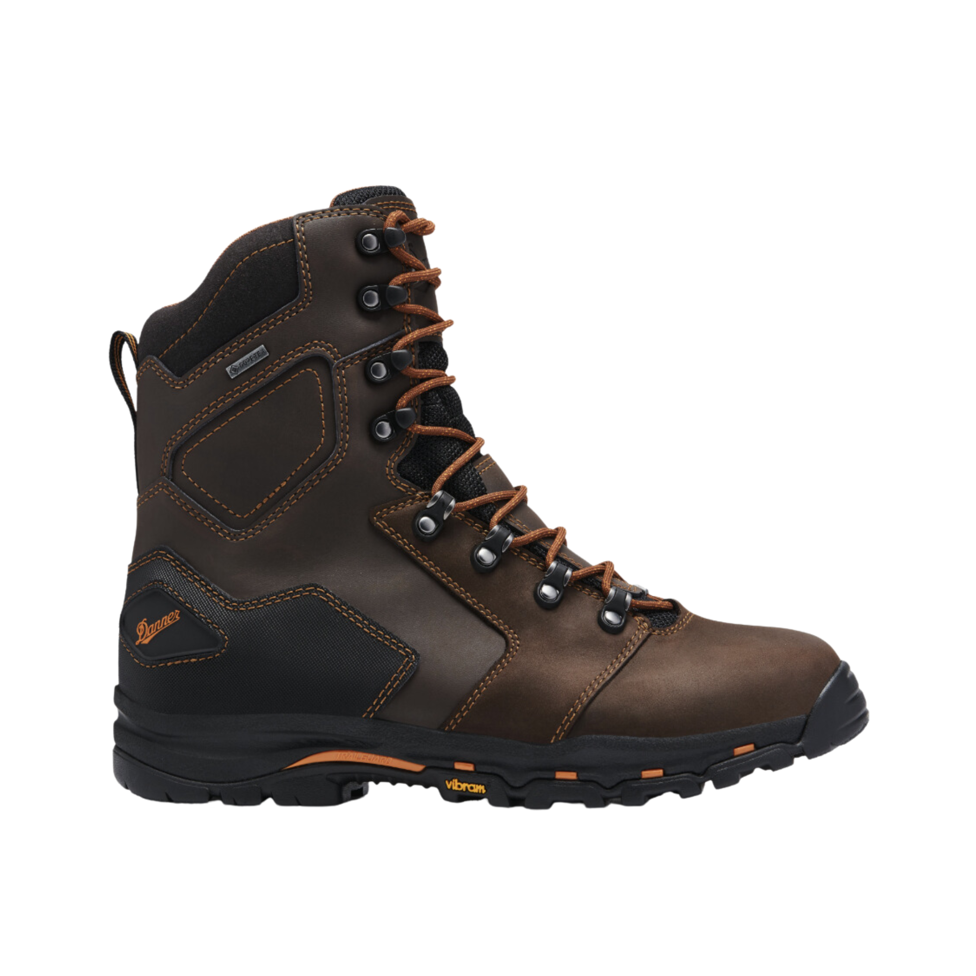Side view of Men’s Danner Vicious 8-inch NMT toe work boot in brown and orange – featuring high leather upper with waterproof treatment, composite toe, cushioned insole, and slip-resistant sole.