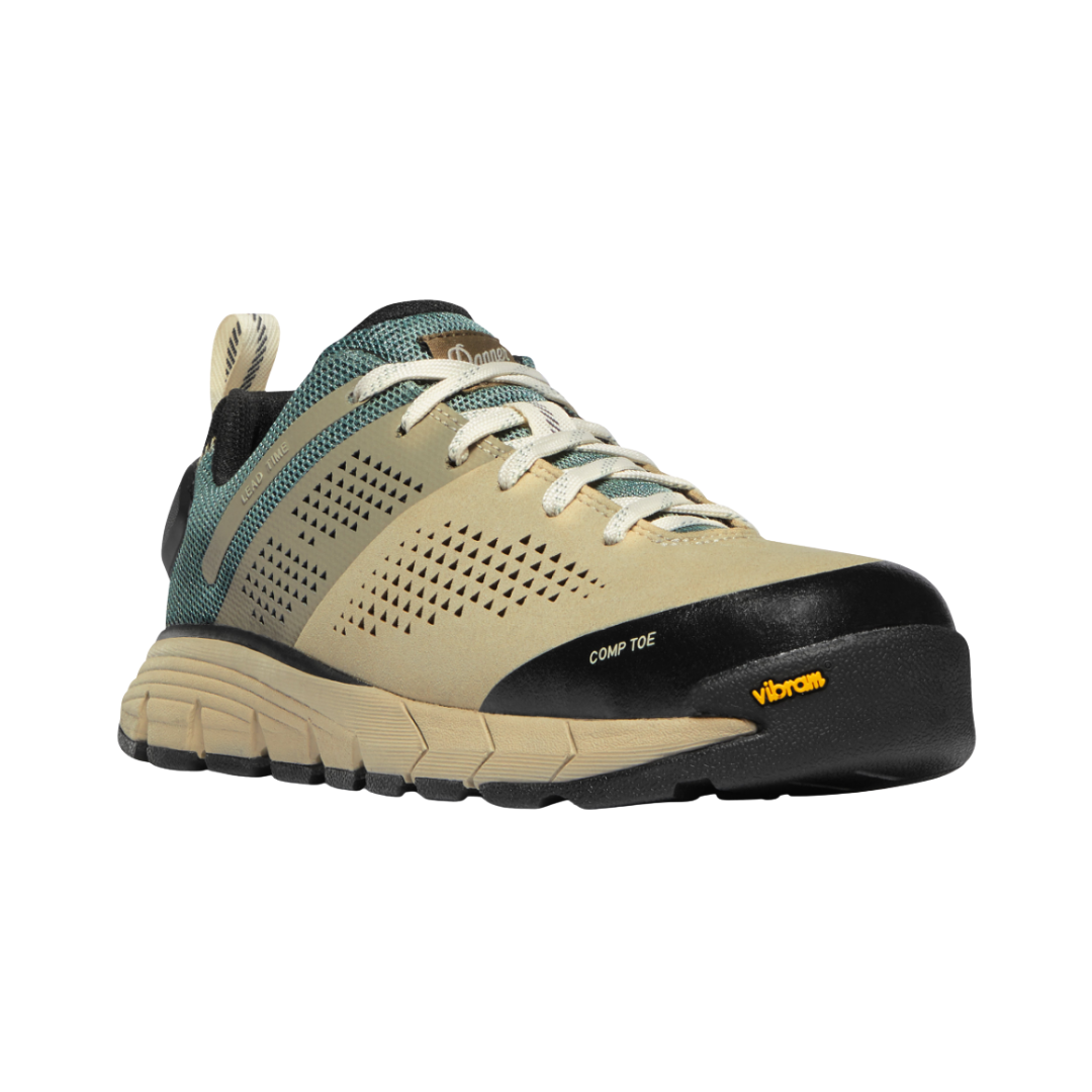 Angled view of Women’s Danner Lead Time 3-inch composite toe NMT boot in turquoise – featuring cushioned footbed with anatomical arch support to reduce foot fatigue, shock-absorbing midsole for comfort, and ergonomic fit designed for workplace safety.