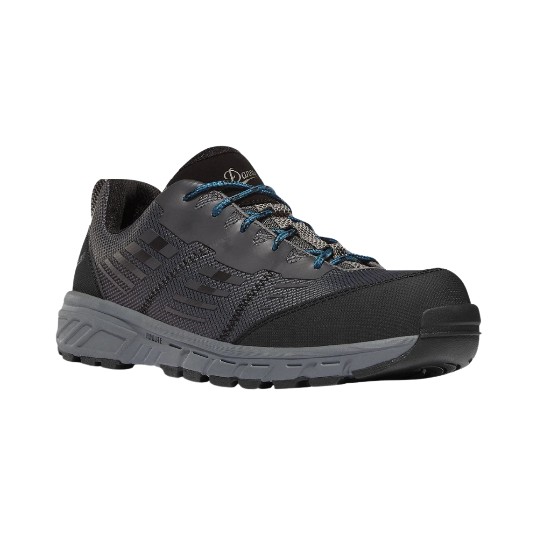 Side view of Men’s Danner Run Time 3-inch composite toe ESD boot in dark shadow – featuring durable leather and textile upper for long-lasting wear, composite toe for impact protection, and ESD technology for electrostatic discharge safety.