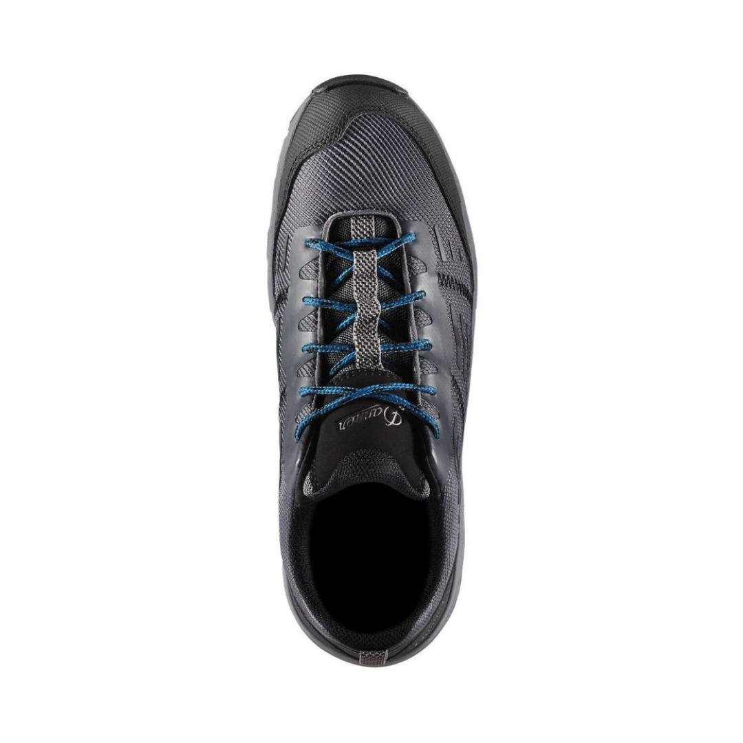 Top view of Men’s Danner Run Time 3-inch composite toe ESD boot in dark shadow – featuring padded collar and tongue for ankle comfort, moisture-wicking lining to keep feet dry, and secure lace-up closure for customized fit.
