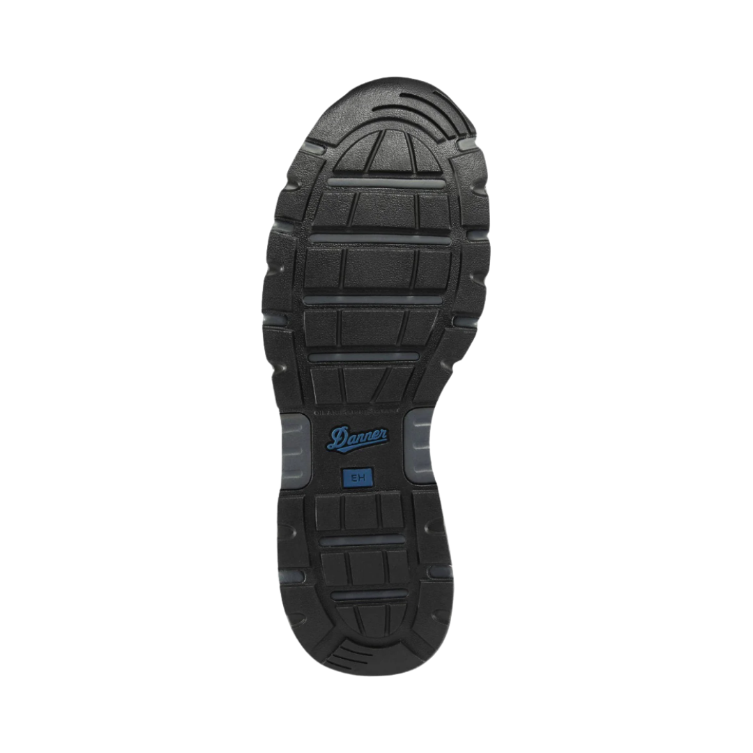 Bottom view of Men’s Danner Run Time 3-inch composite toe ESD boot in dark shadow – featuring slip-resistant rubber outsole with aggressive tread for superior traction, flexible sole for natural foot movement, and abrasion-resistant construction for durability.