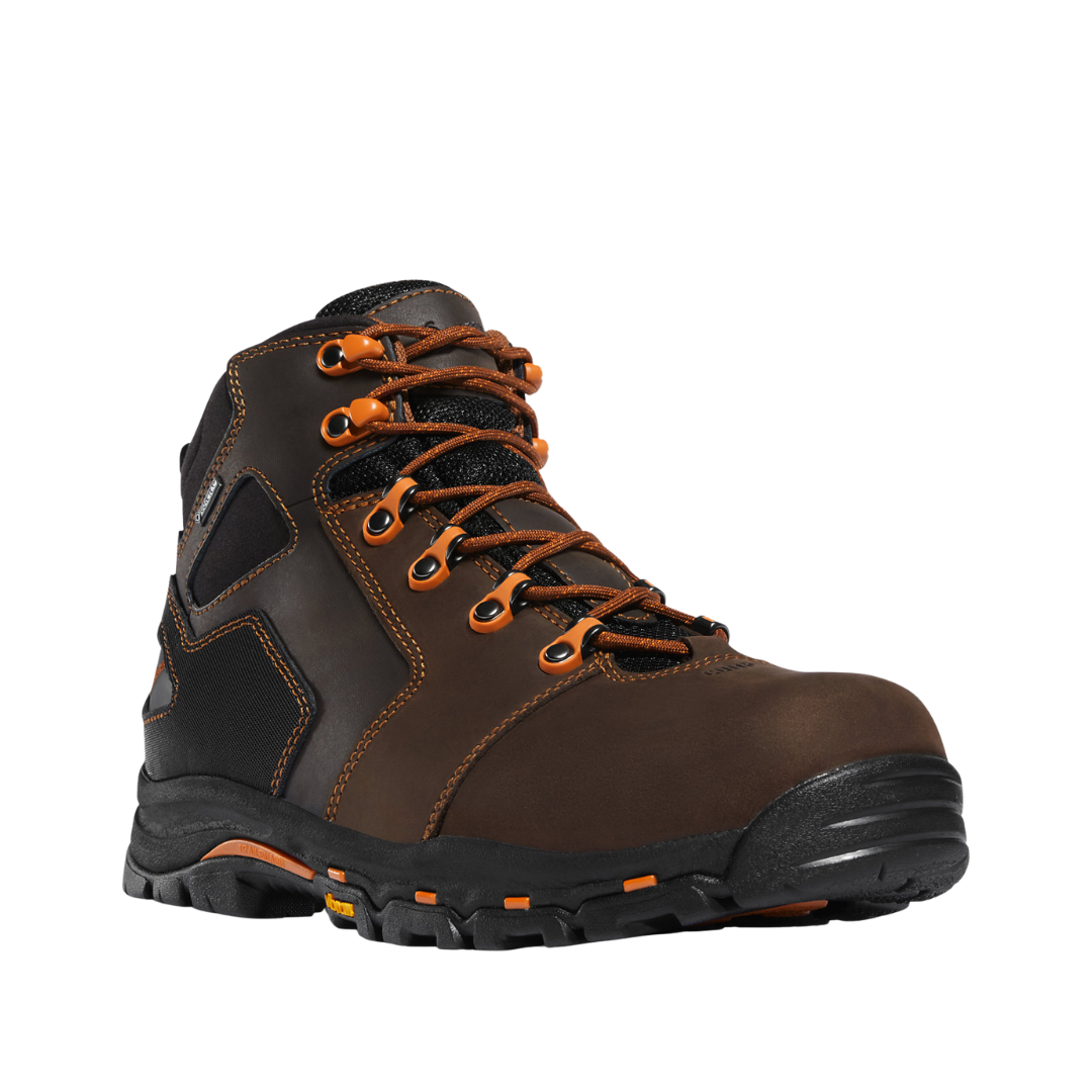Side view of Men’s Danner Vicious 4.5″ work boot in brown and orange – featuring composite toe protection, waterproof GORE-TEX lining, and Vibram® outsole for slip resistance.