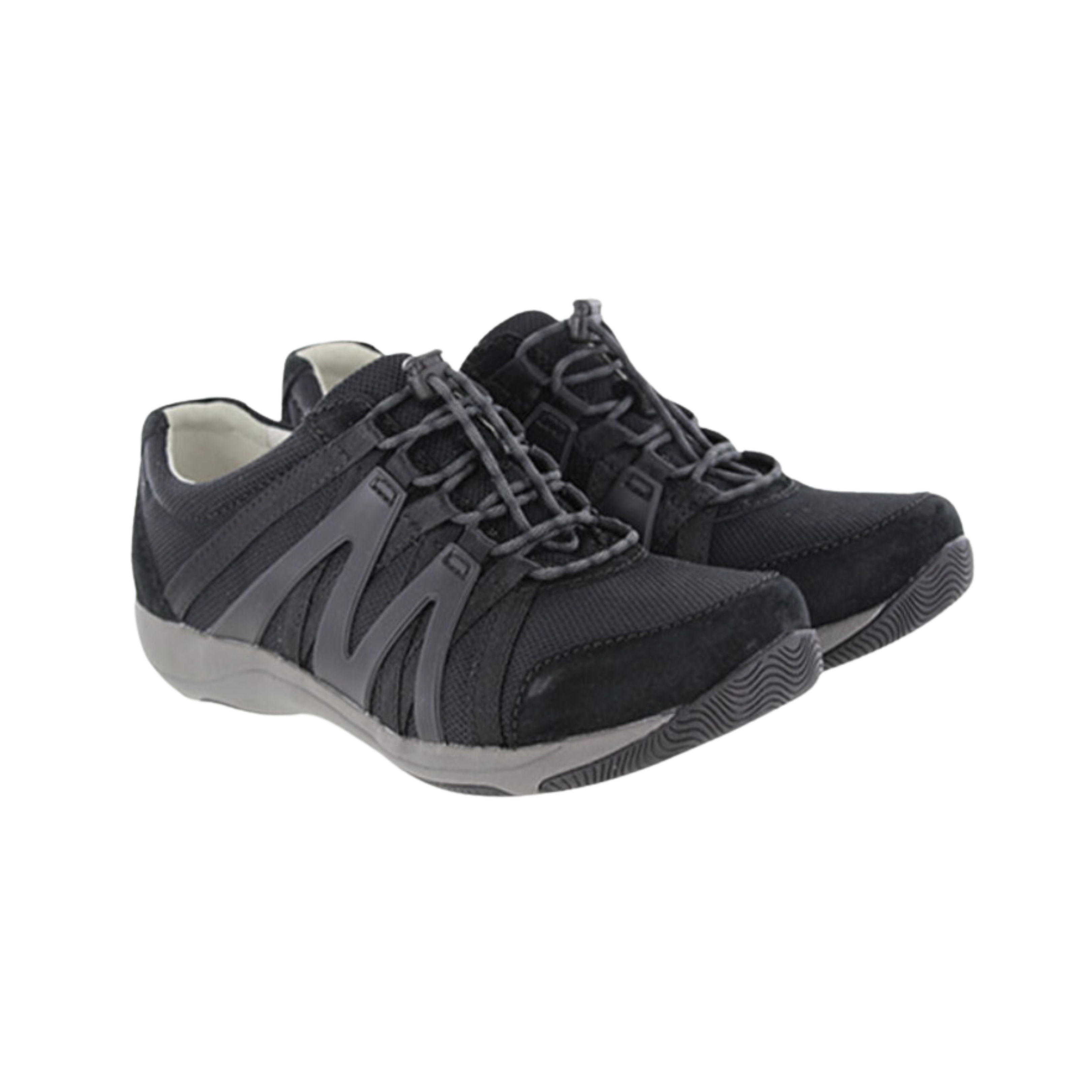 Side view of Women’s Dansko Henriette athletic shoe in black – featuring breathable mesh and leather upper, padded collar, cushioned insole, and flexible outsole.