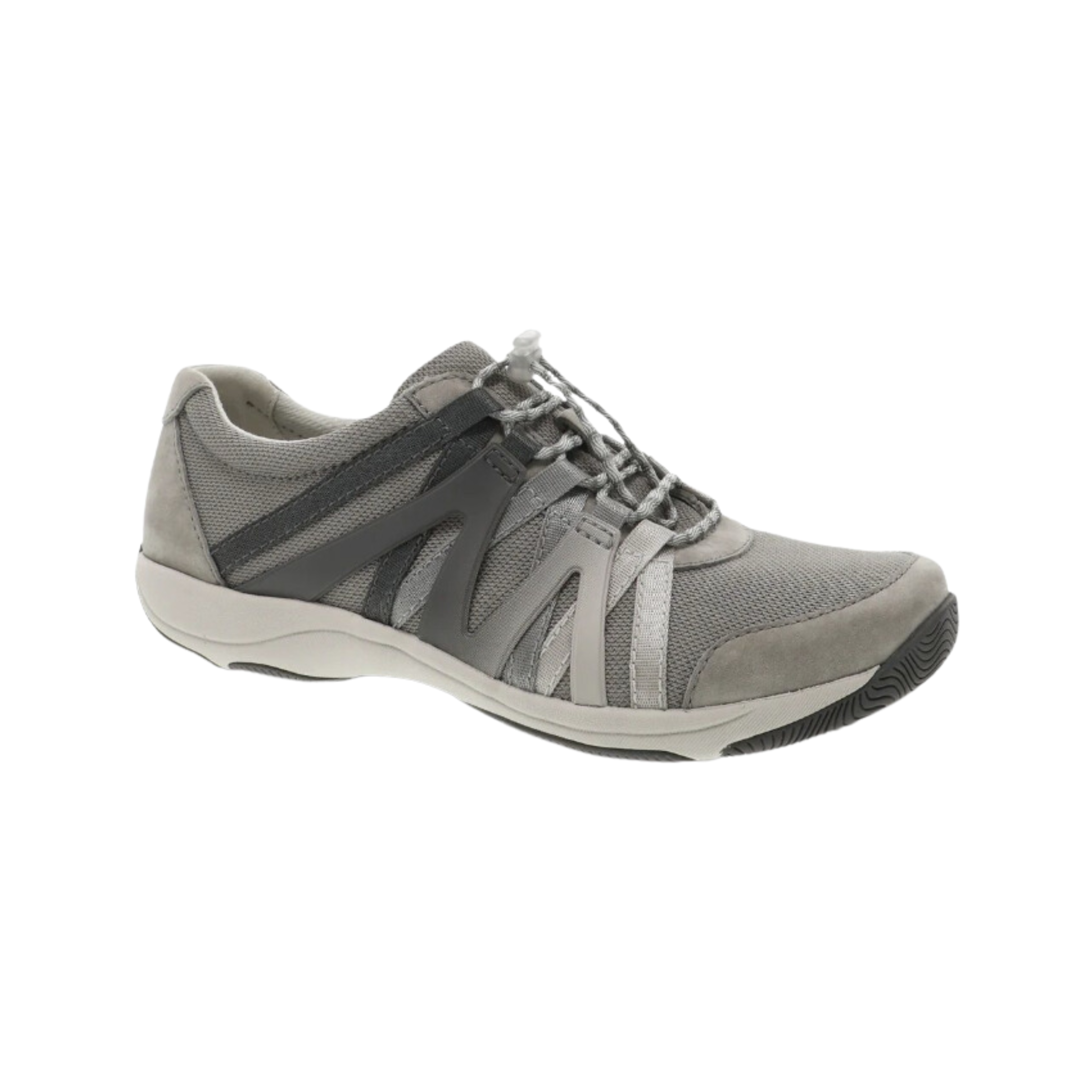 Side view of Women’s Dansko Henriette athletic shoe in grey – featuring breathable mesh and leather upper, padded collar, cushioned insole, and flexible outsole.