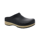 Side view of Women’s Dansko Kane Molded casual clog in black – featuring molded leather upper, cushioned supportive footbed, and durable outsole.