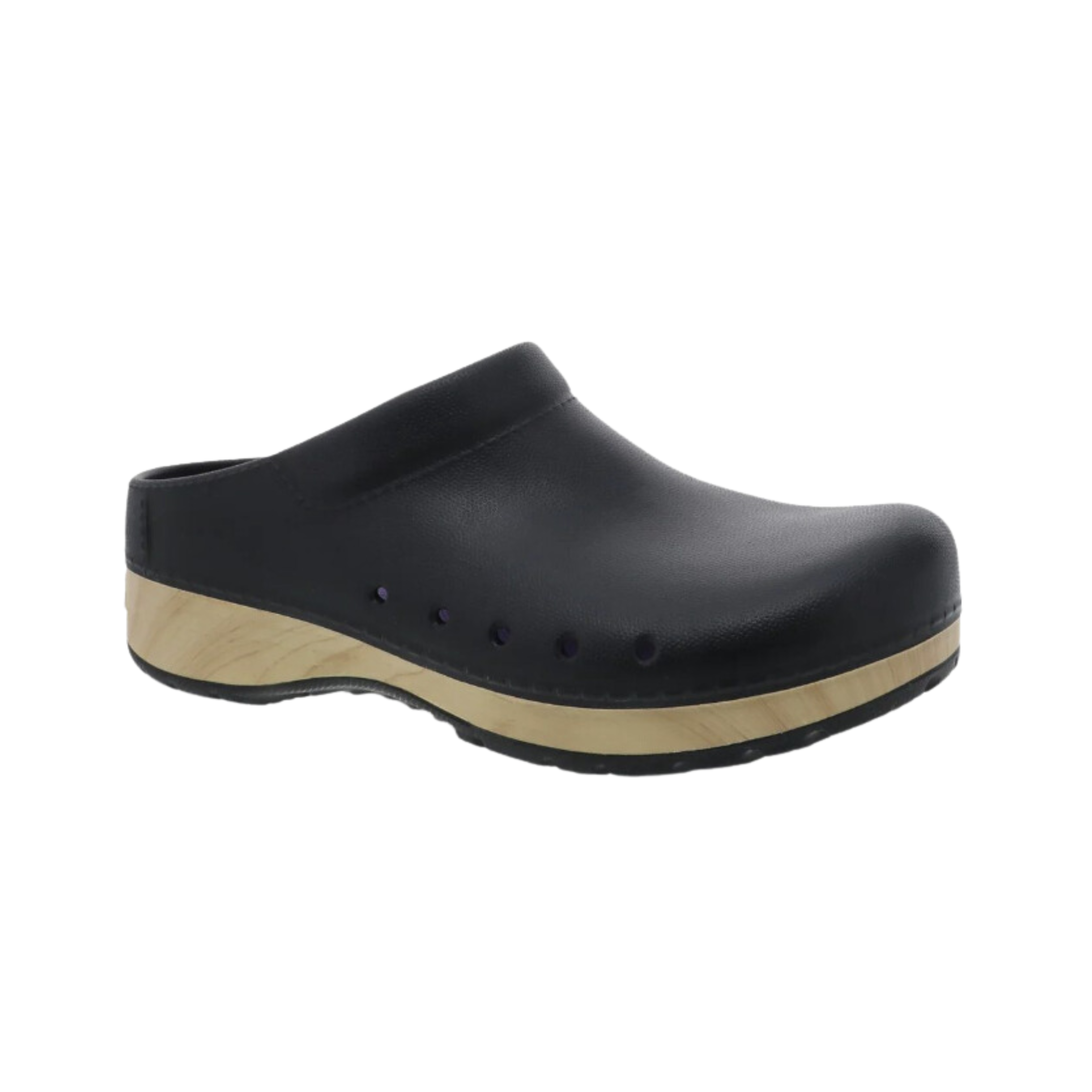 Side view of Women’s Dansko Kane Molded casual clog in black – featuring molded leather upper, cushioned supportive footbed, and durable outsole.