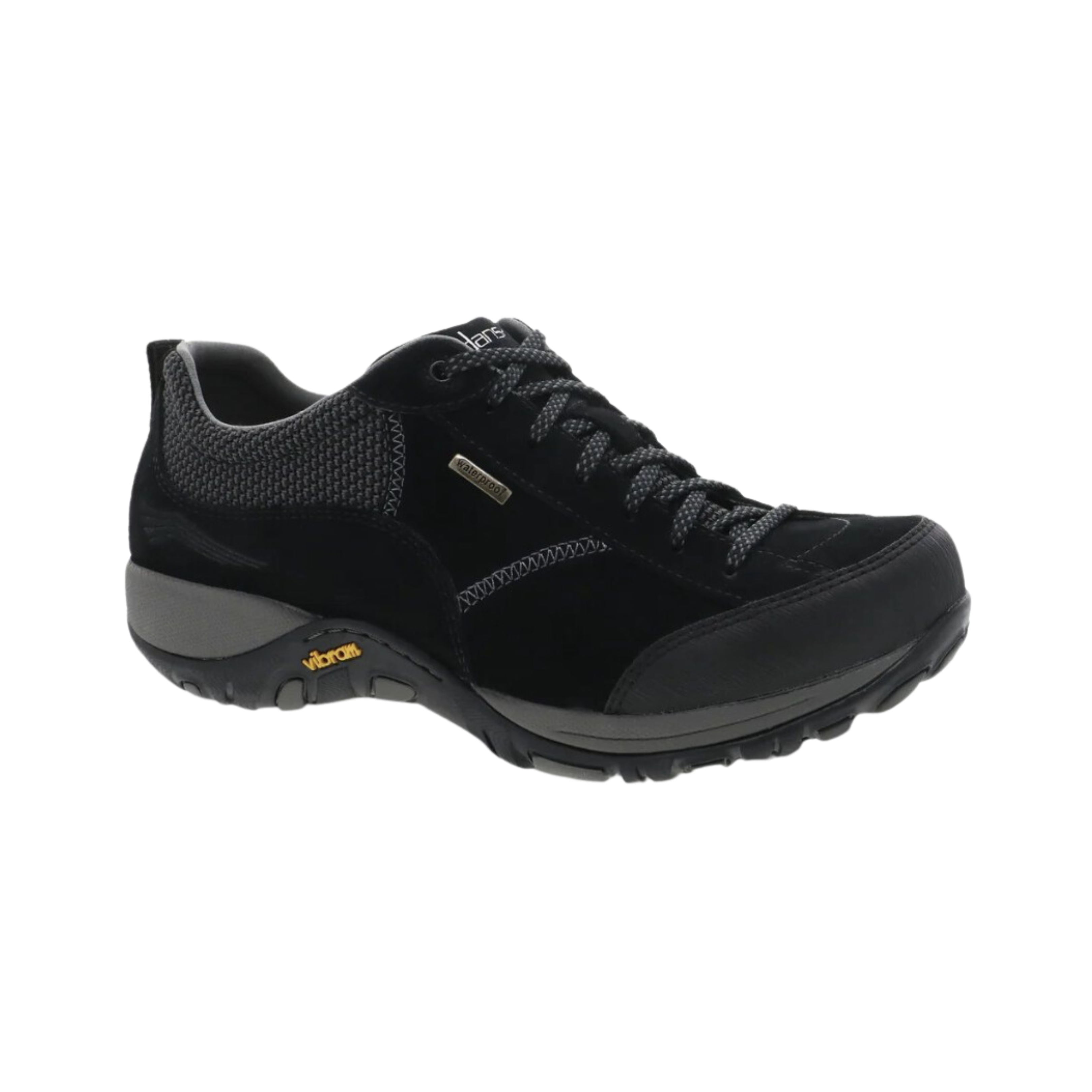 Side view of Women’s Dansko Paisley athletic shoe in all black – featuring breathable mesh and leather upper, cushioned midsole, and durable outsole.