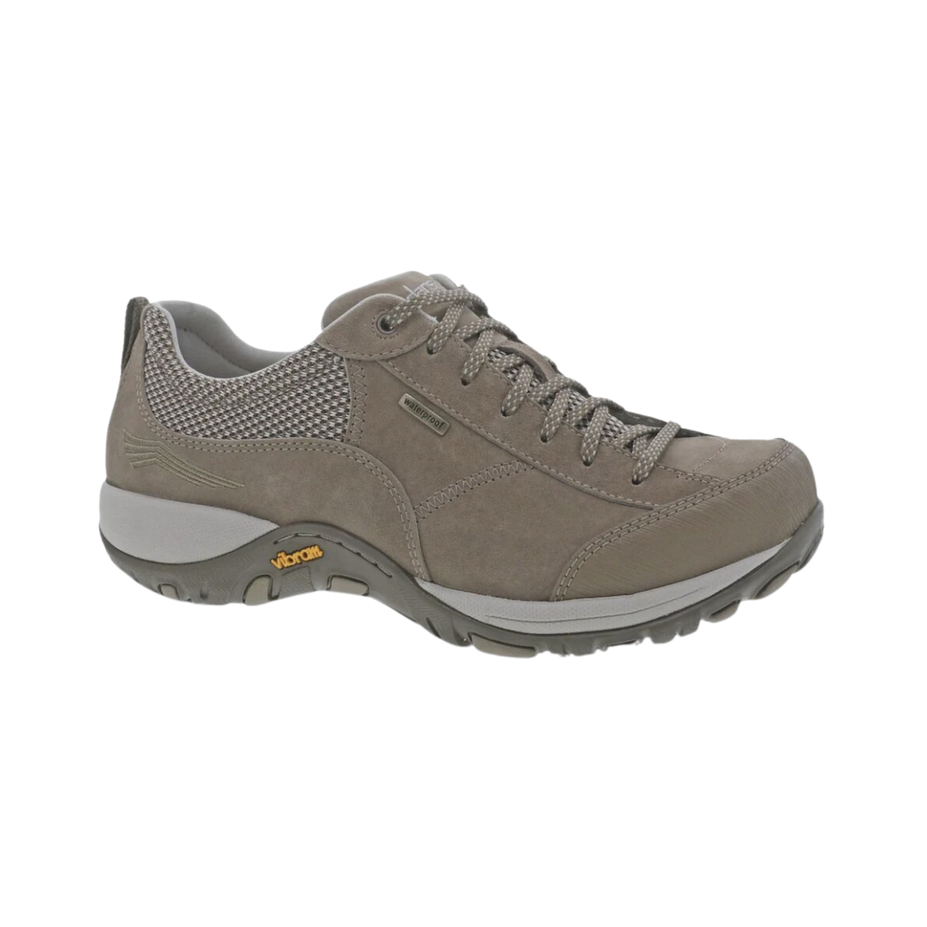 Side view of Women’s Dansko Paisley athletic hiking shoe in walnut – featuring breathable mesh and leather upper in tan shades, cushioned supportive midsole, and rugged outsole for trail traction.