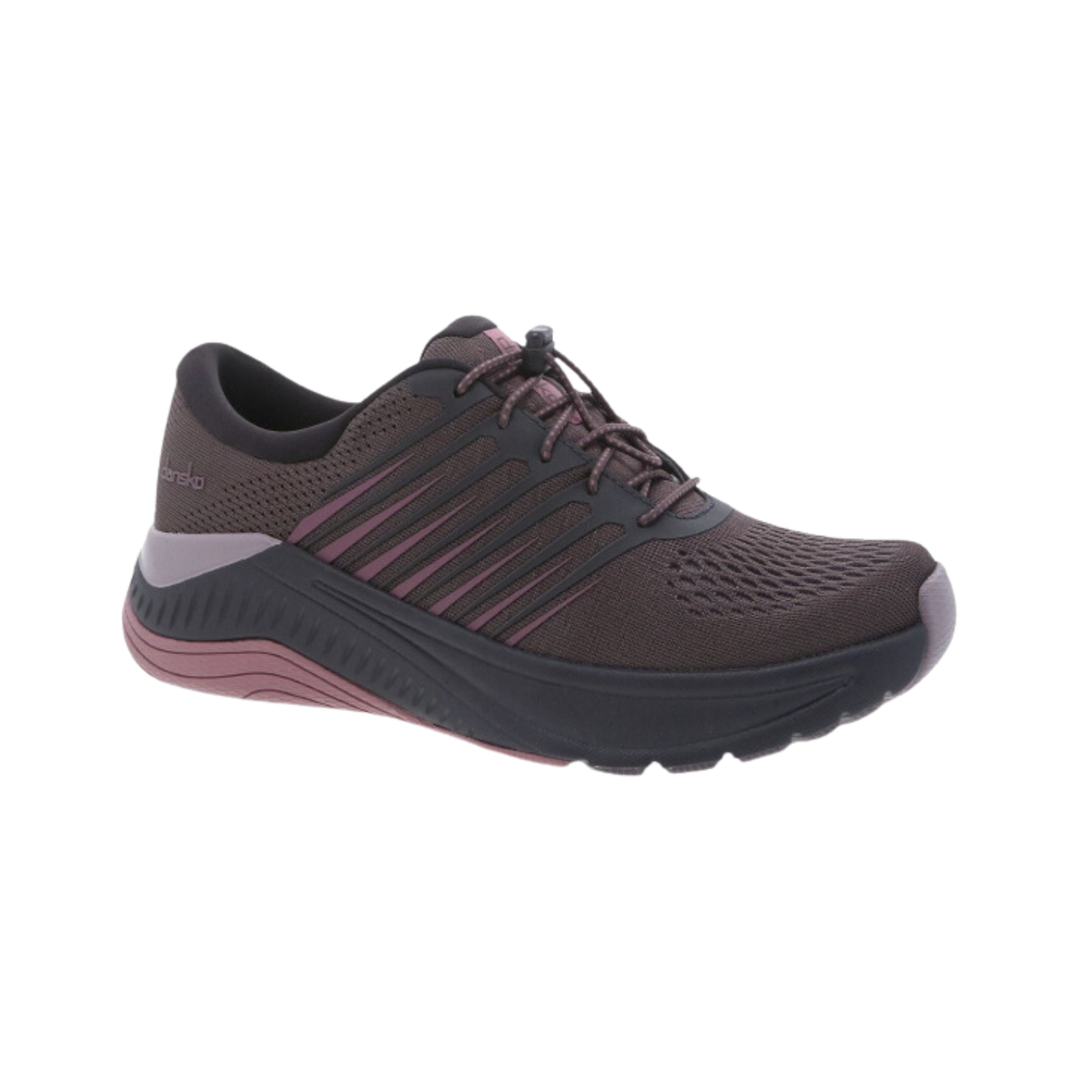 Side view of Women’s Dansko Penni Mesh athletic shoe in pink and black – featuring breathable mesh upper with supportive overlays, cushioned footbed, and durable outsole for casual and light athletic use.