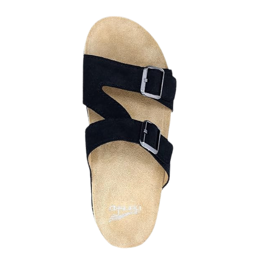 Top view of Women’s Dansko Dayna sandal in black croco – featuring textured croco-patterned straps, open-toe layout, and contoured footbed for supportive wear.