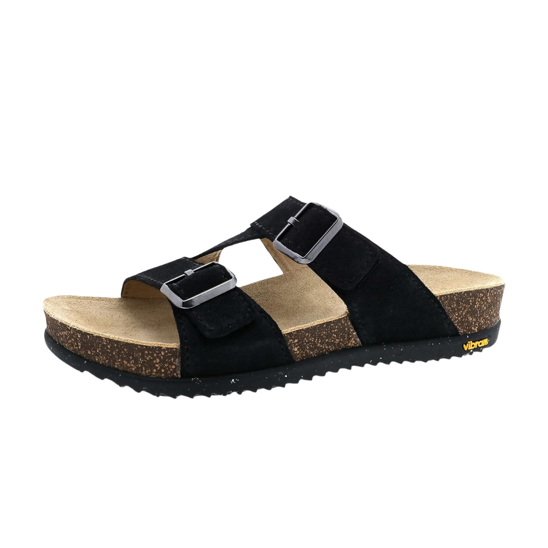 Side view of Women’s Dansko Dayna sandal in black croco – featuring a subtle wedge sole, adjustable ankle buckle, and premium faux croco leather finish.