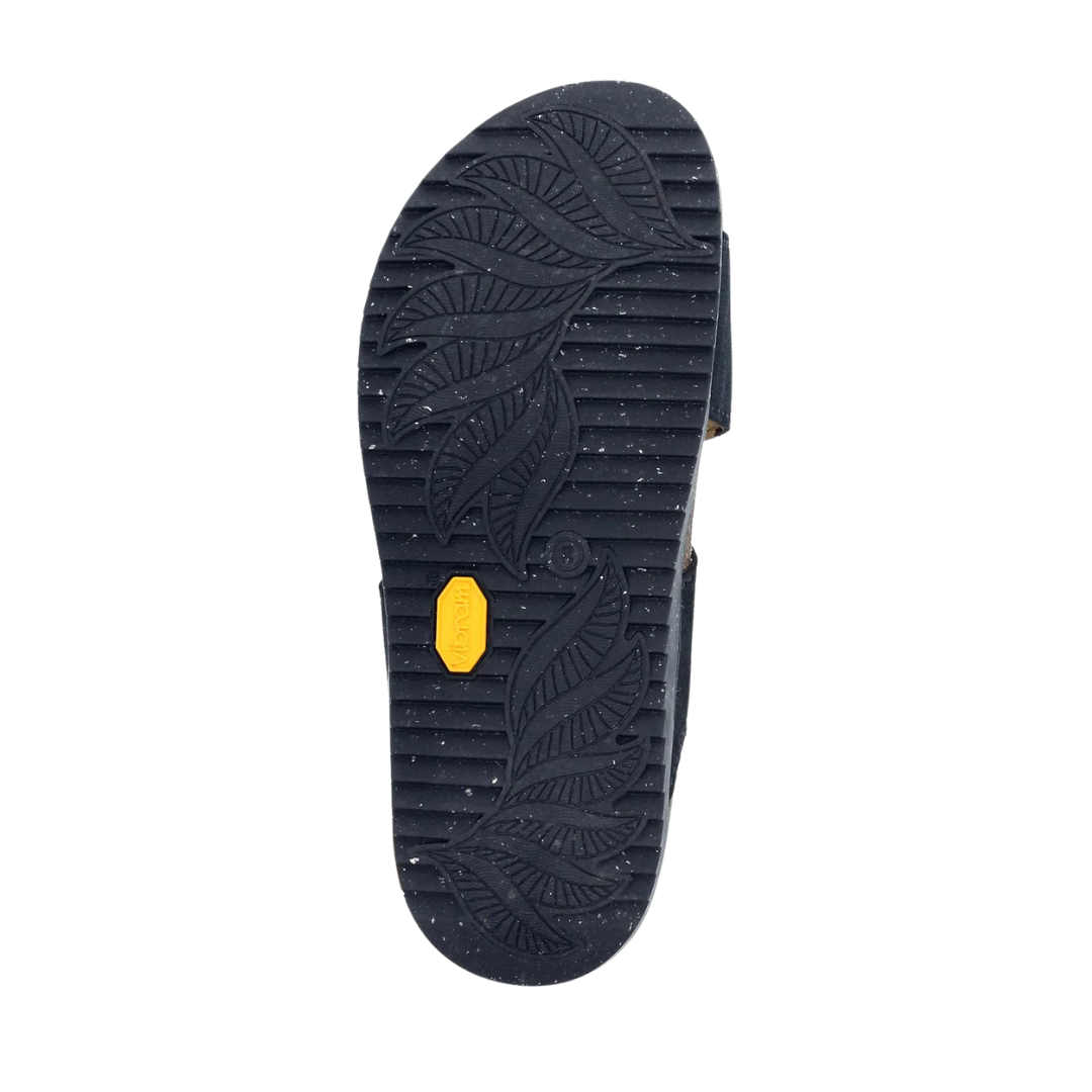 Top view of Women’s Dansko Dayna sandal in black suede – featuring wide suede straps, adjustable ankle buckle, and contoured footbed for enhanced support.