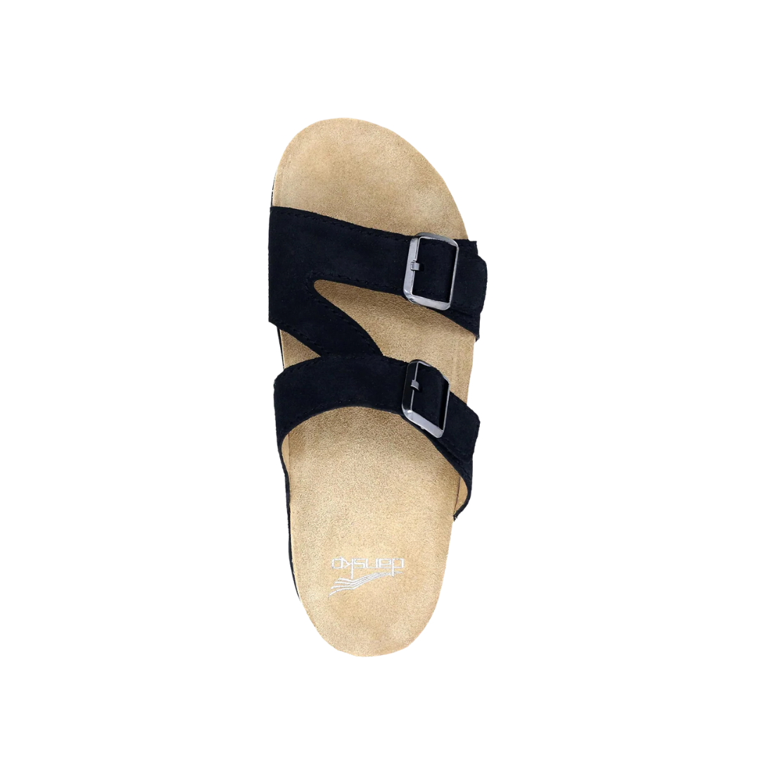 Top view of Women’s Dansko Dayna sandal in black suede – featuring wide suede straps, adjustable ankle buckle, and contoured footbed for enhanced support.