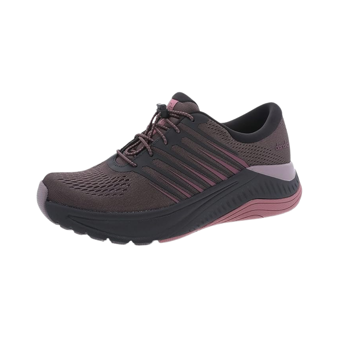 Side view of Women’s Dansko Penni sneaker in mesh raisin – featuring layered mesh construction, arch-support midsole, and contrast overlays for style and function.